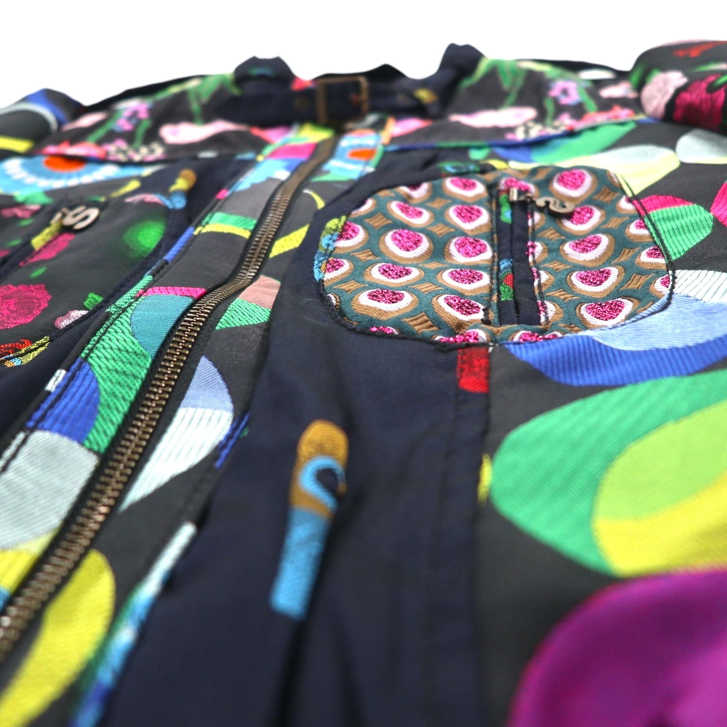 Desigual 総柄 シングル ライダースジャケット M ブラック 花柄 刺繍 DAMEN JACKET 10E2980 モロッコ製