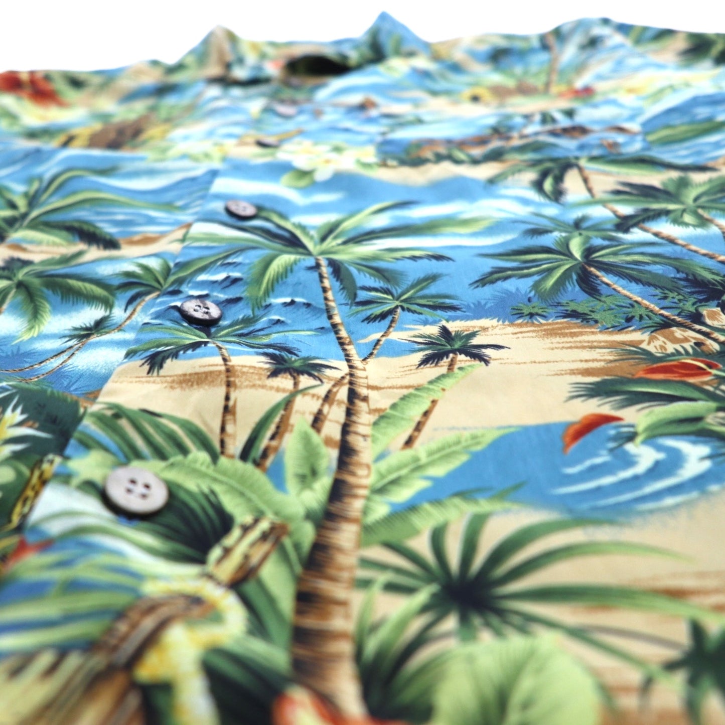 ALOHA JOE Aloha shirt, open collar, L, blue, all-over pattern, palm trees, hibiscus, surfing
