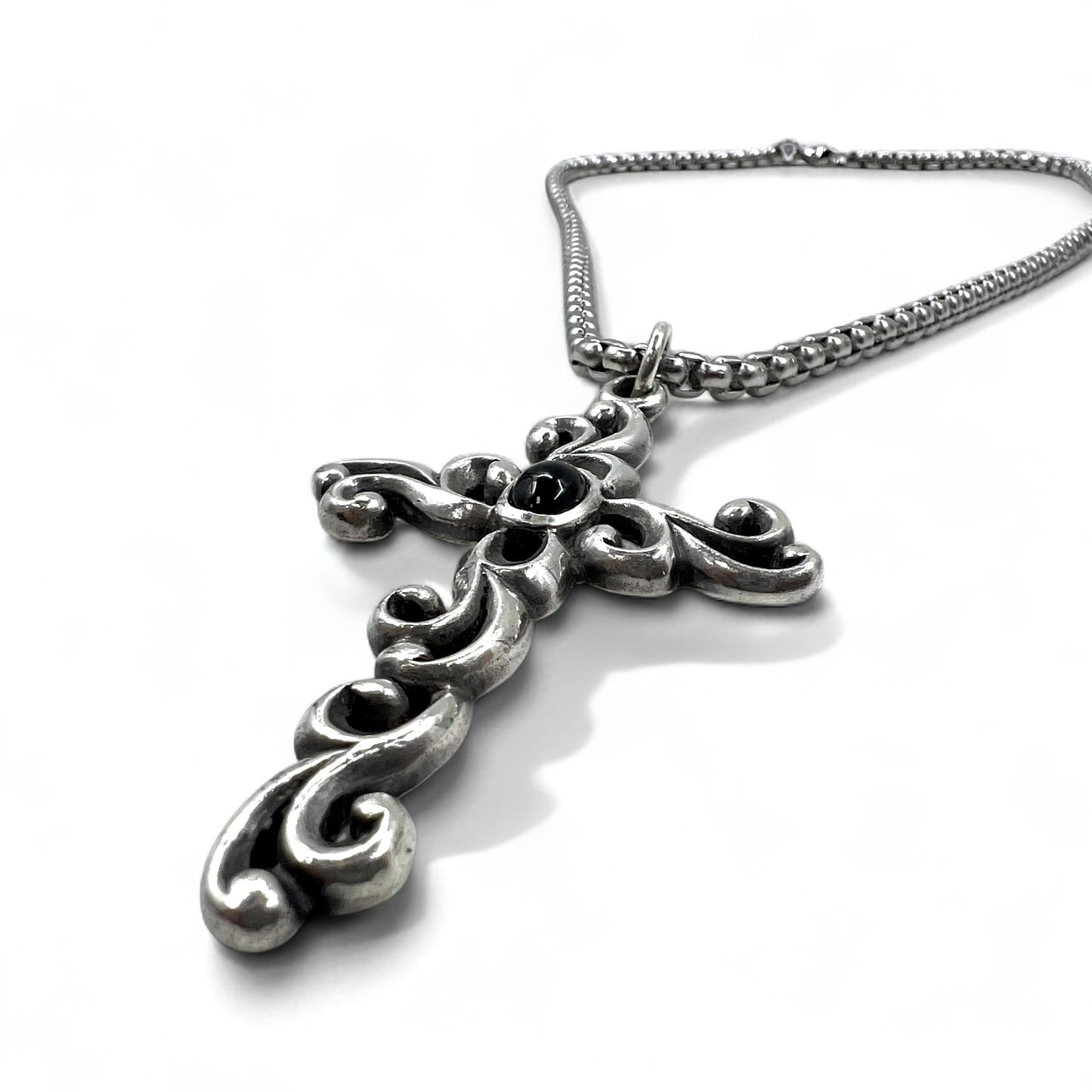 Vintage Silver Cross Necklace ヴィンテージ 浮き唐草彫り クロス 十字架 ネックレス ブラックオニキス シルバー 925