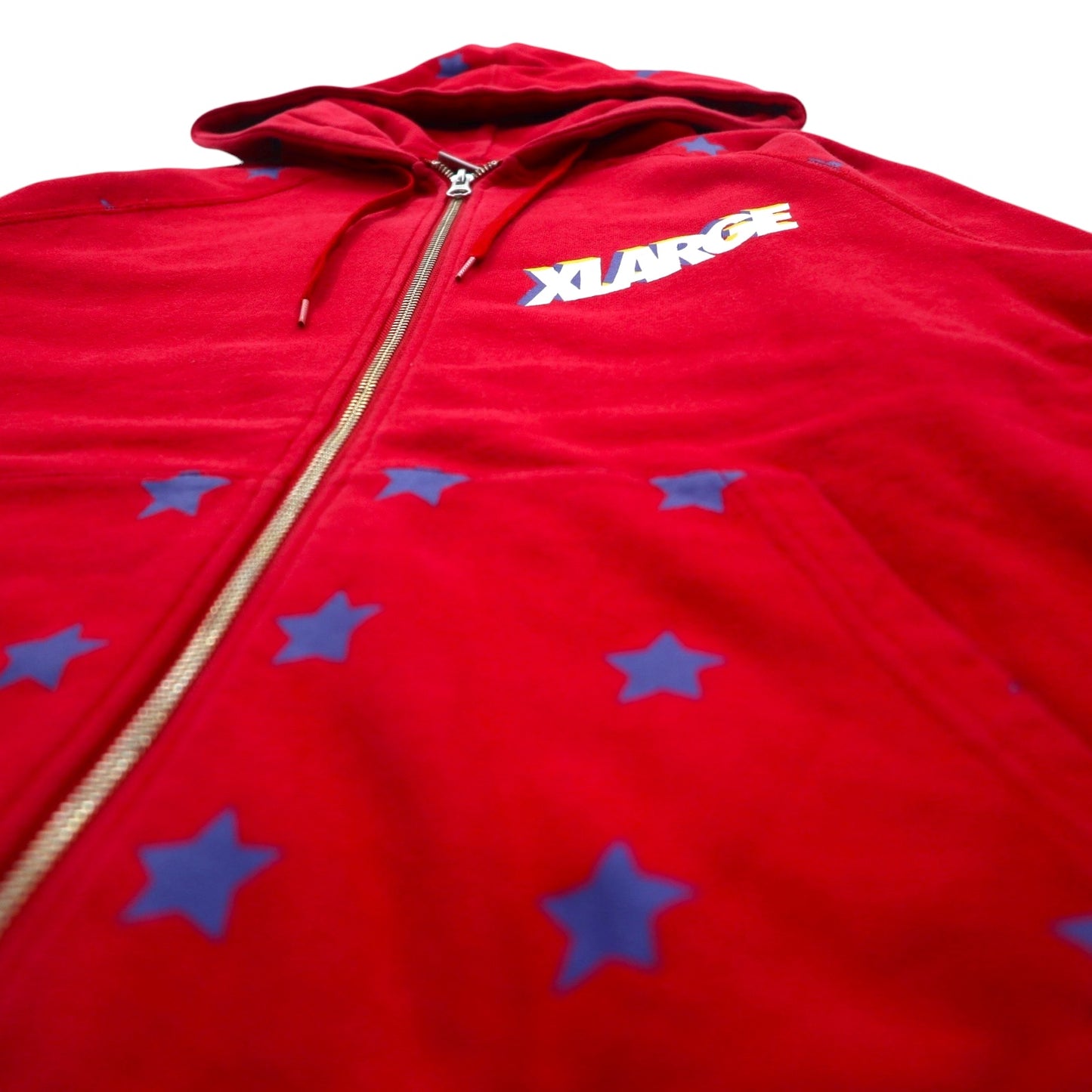 X-LARGE オーバーサイズ ダブルジップパーカー S レッド コットン 星柄 3D ロゴプリント