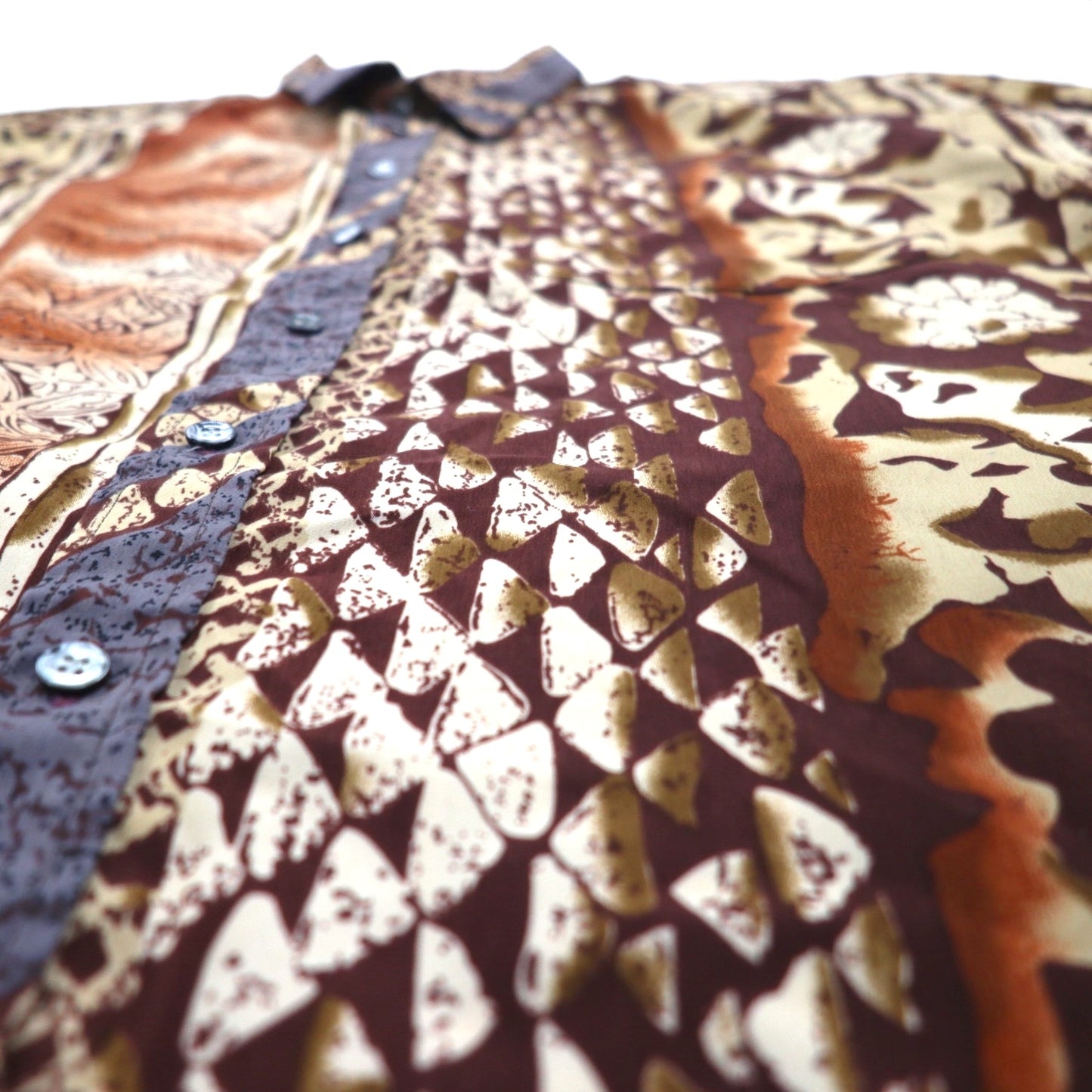 MAHARAJAH 90s Short Sleeve Polyester Aloha Shirt XL Brown All-over Pattern