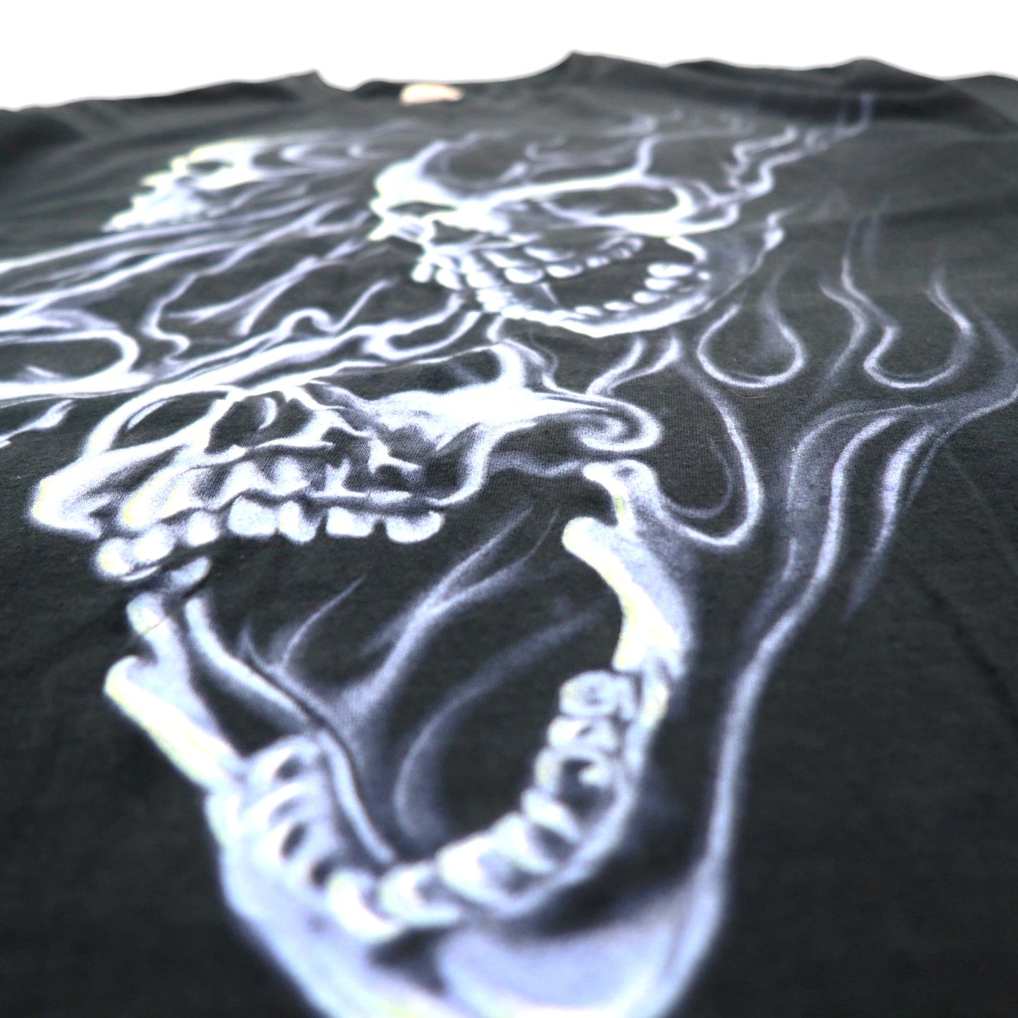 FRUIT OF THE LOOM 00s Skull Print T-Shirt L Black Cotton Fire Spirit