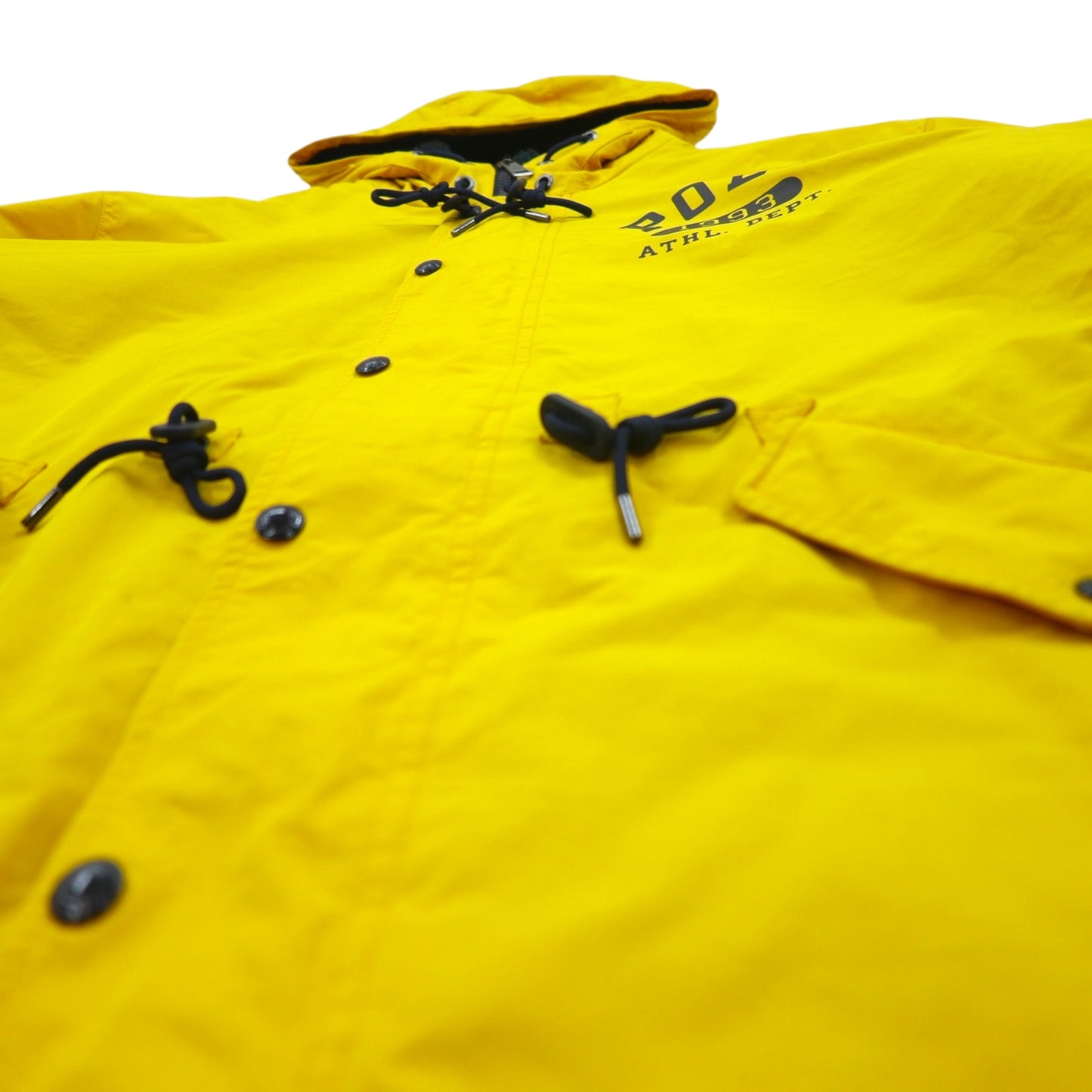 POLO RALPH LAUREN Mods Coat Bench Coat XL Yellow Polyester Boa Liner Padding Drawstring College Logo Print Back Logo