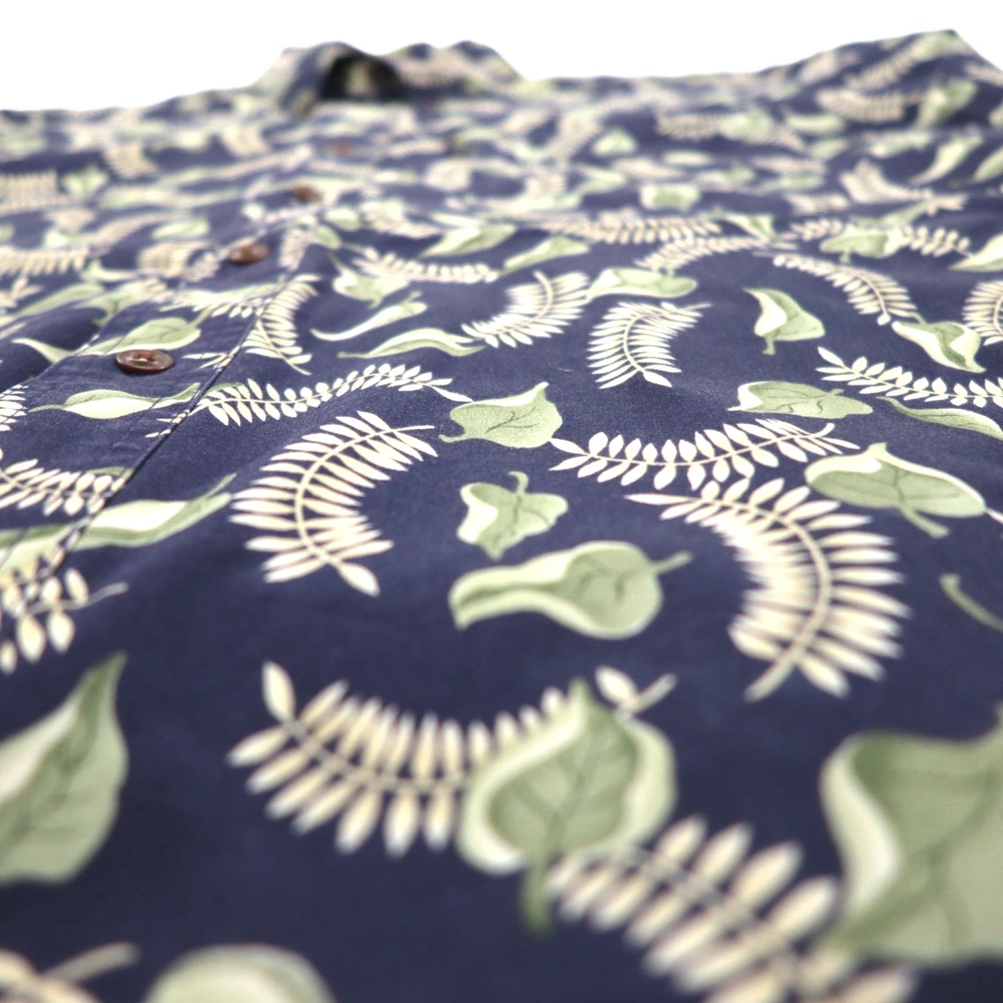 CHAPS RALPH LAUREN 90s Short Sleeve Button Down Shirt L Navy All-over Leaf Botanical Chest Pocket