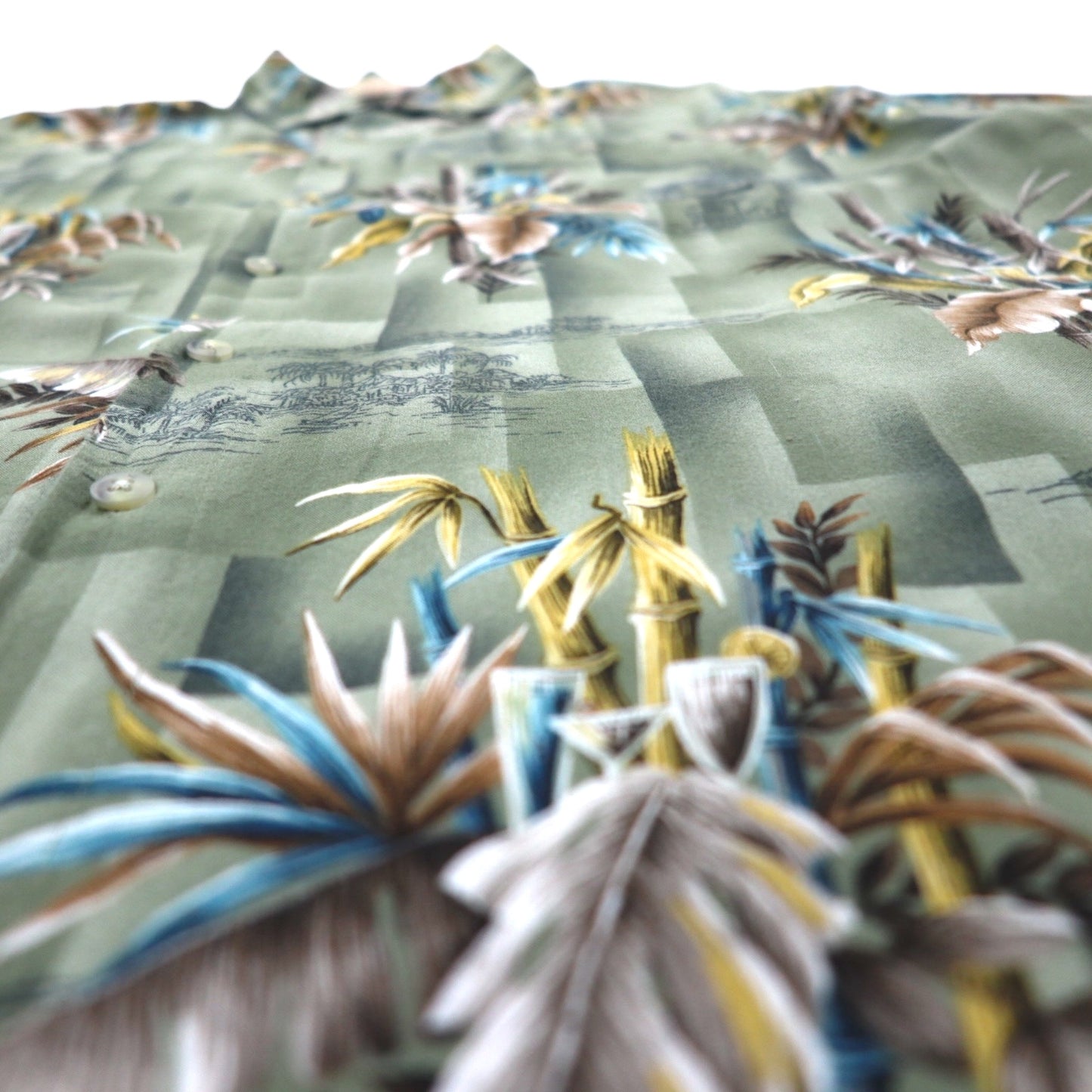 CAMPIA MODA アロハシャツ XL カーキ レーヨン 総柄 ボタニカル 胸ポケット