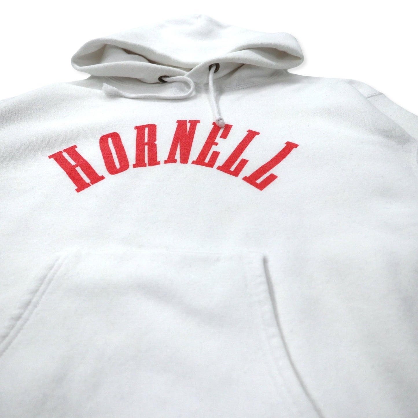 Champion リバースウィーブ パーカー XXL ホワイト コットン 裏起毛 HORNELL 染み込みプリント 青単タグ 復刻 REVERSE WEAVE Pullover Hooded SWEATSHIRT C3-W111
