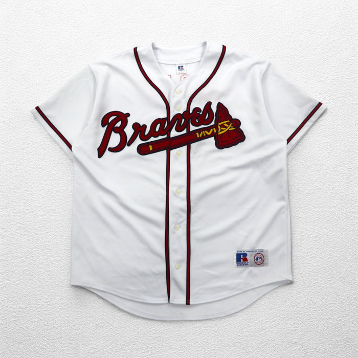 RUSSELL ATHLETICS 90s MLB Baseball Shirt L White Polyester Braves Numbering
