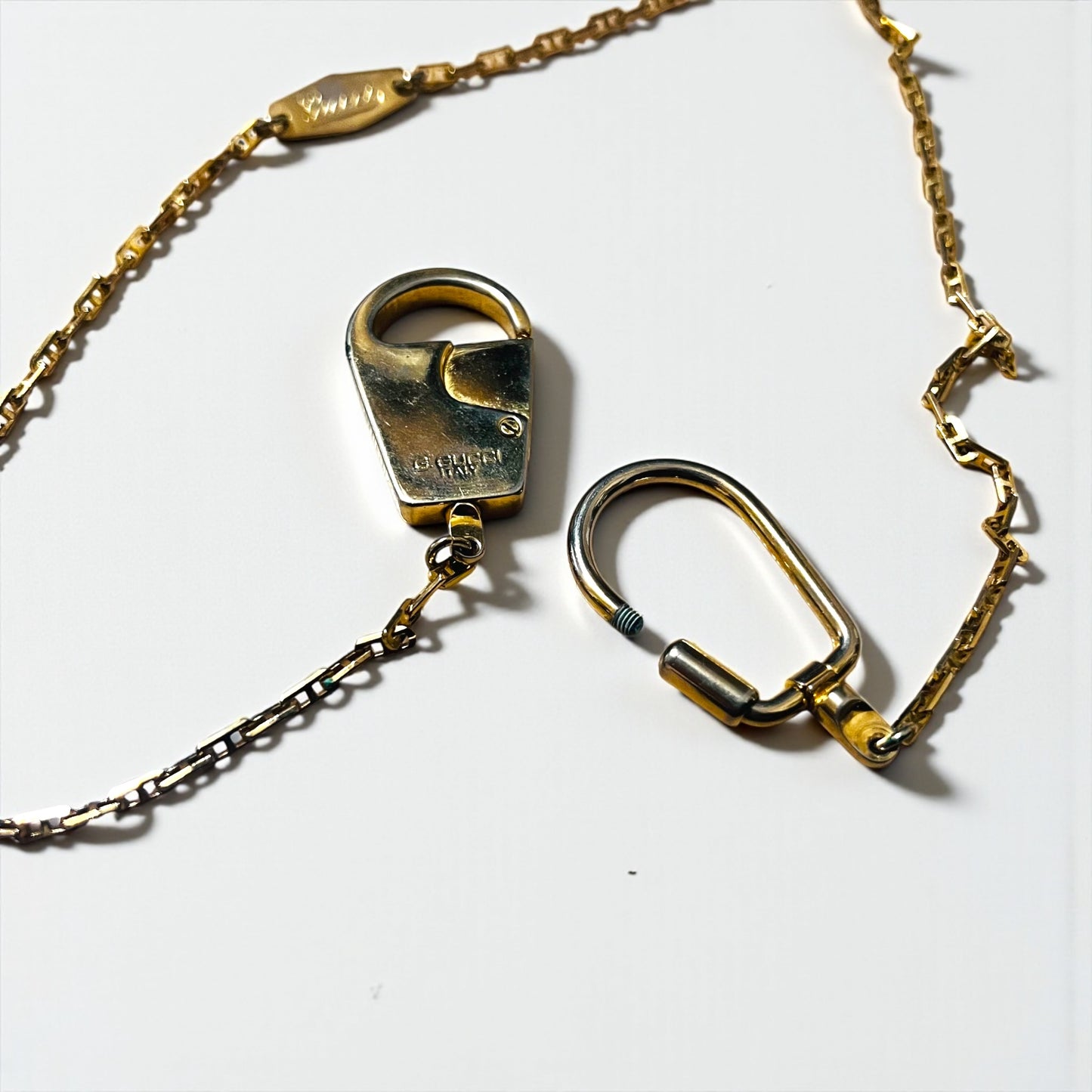 GUCCI 80年代 イタリア製 ヴィンテージ オールドグッチ 2WAY カラビナ ネックレス キーチェーン ゴールド ロック G.GUCCI