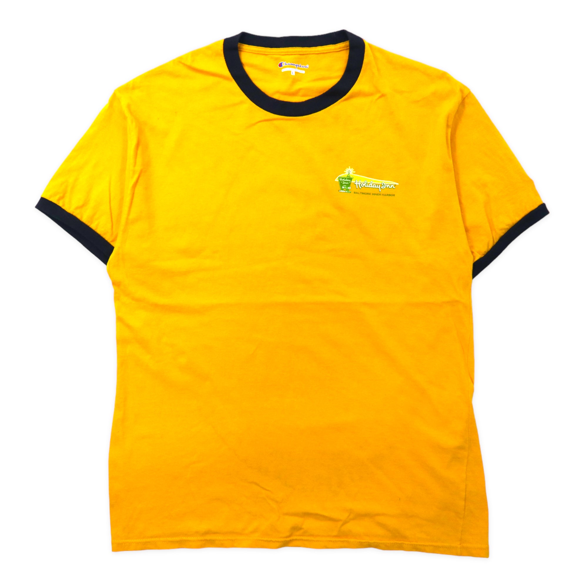 Champion Ringer T -shirt L Yellow Cotton Back Print HOLIDAY INN