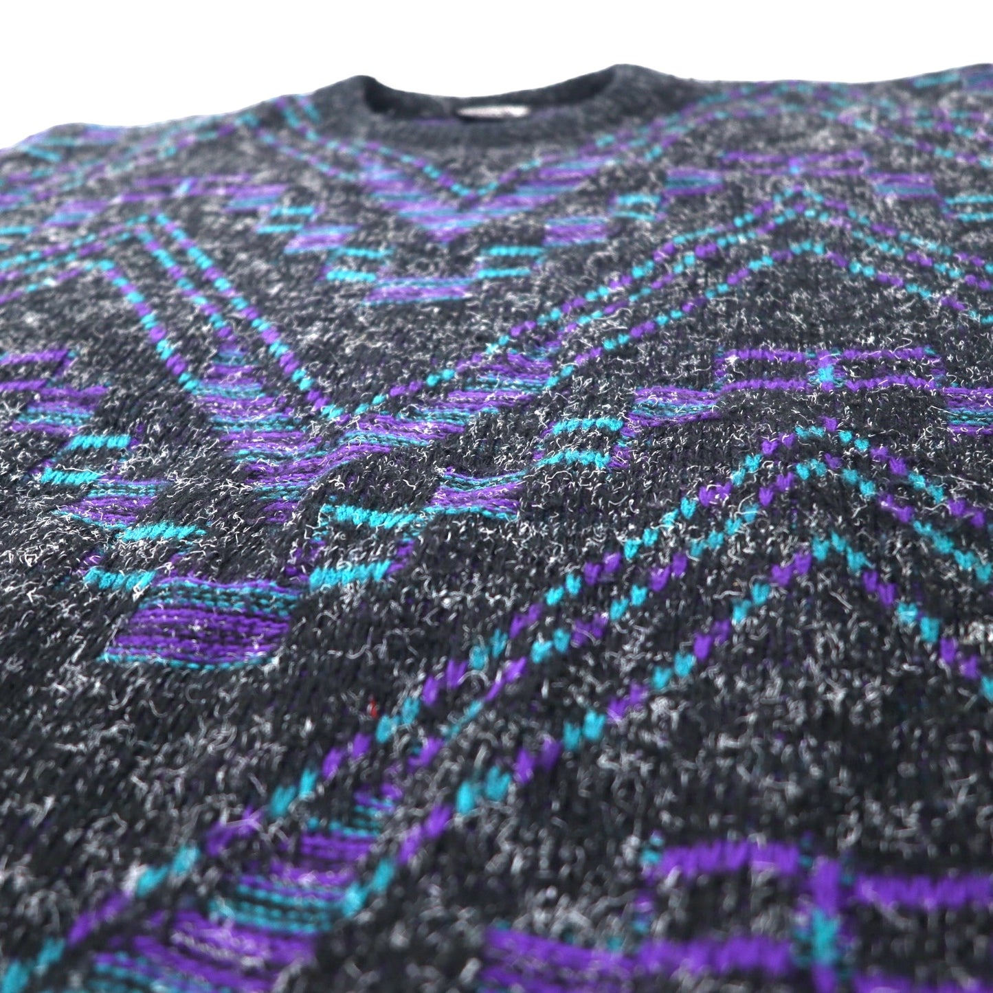 New Era SWEATERS USA製 90年代 シャギーニット セーター XL ブラック アクリル 総柄