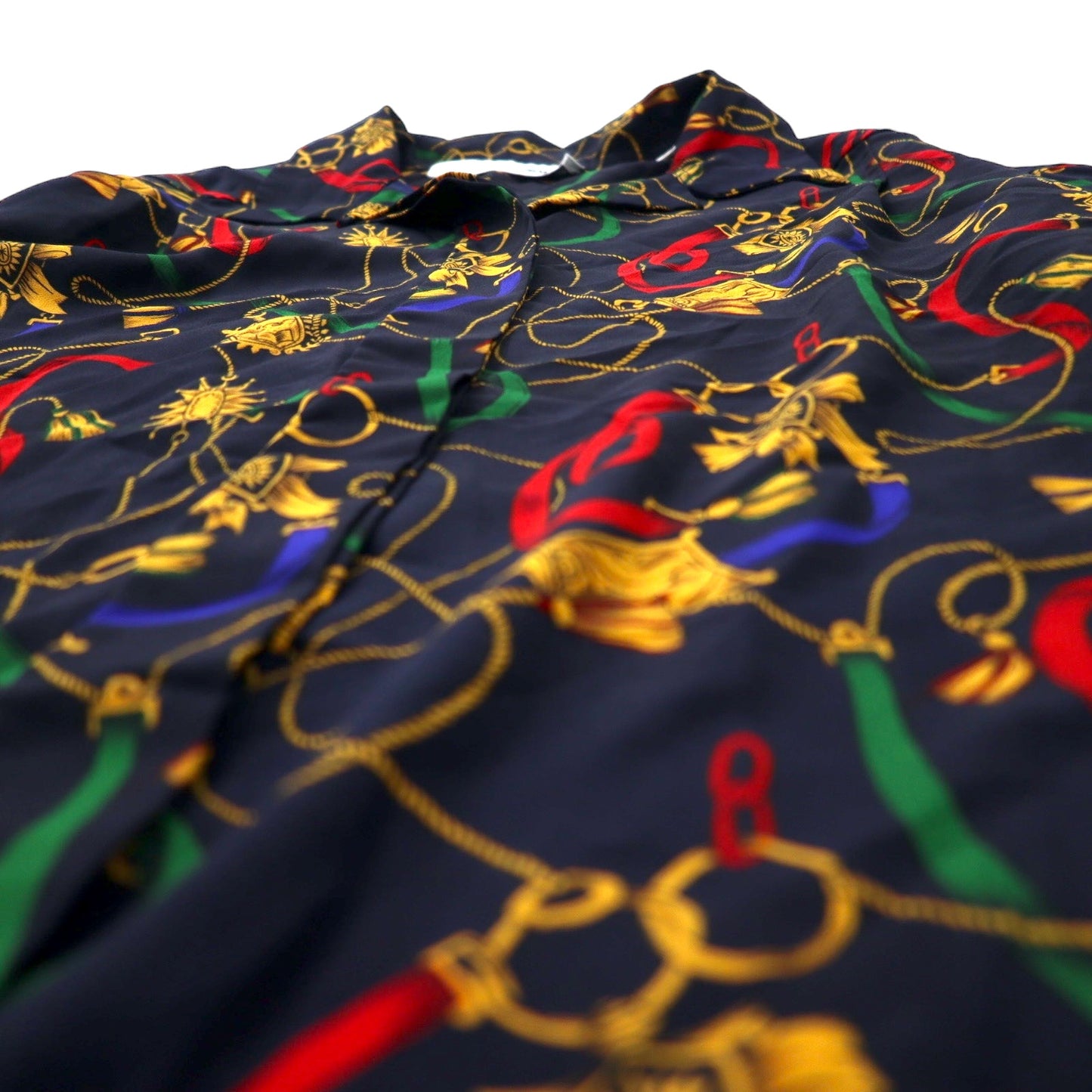 80s CHAUS WOMAN Retro Open Collar Shirt Blouse 18W Navy Polyester All-over Pattern