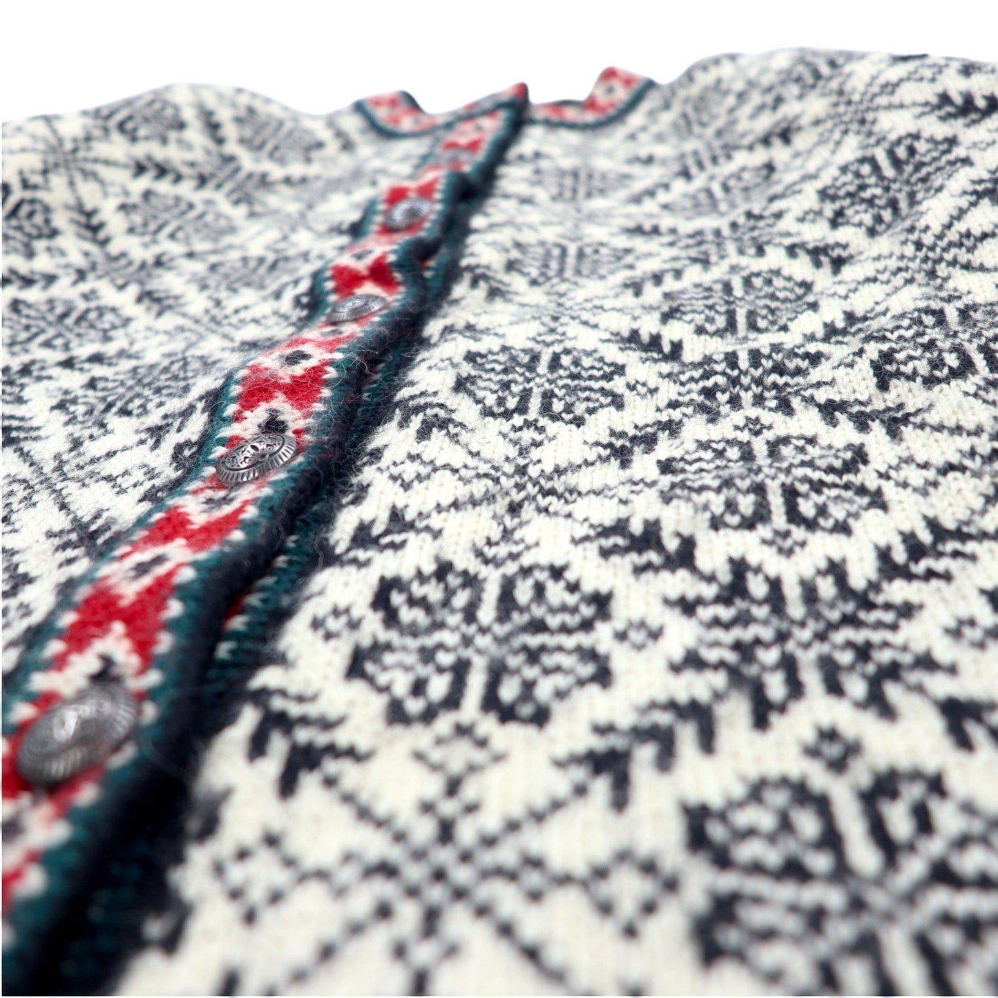 LLBean Tyrolean Knit Cardigan L White Merino Wool All-over Pattern Tyrolean Nordic Pattern Concho Button UF39 Made in Latvia