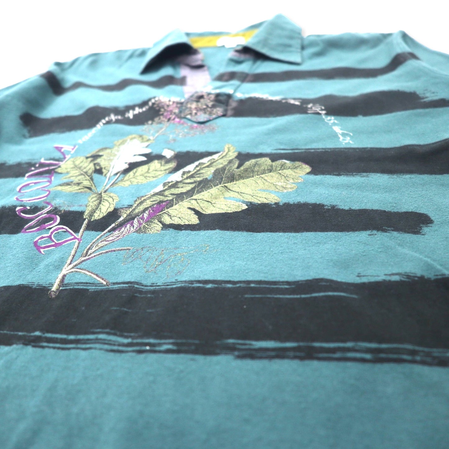 Paul Smith Open Collar Long Sleeve Polo Shirt M Green Cotton Flower Print Made in Japan