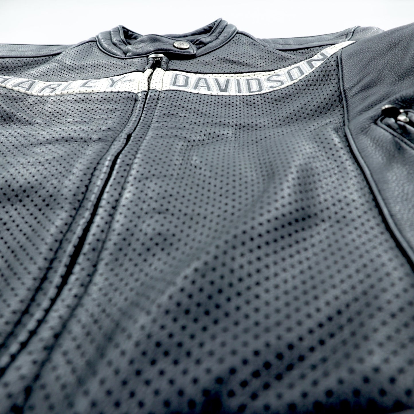 HARLEY DAVIDSON パンチングレザー レーシングジャケット L シングルライダース ダブルジップ 白ライン