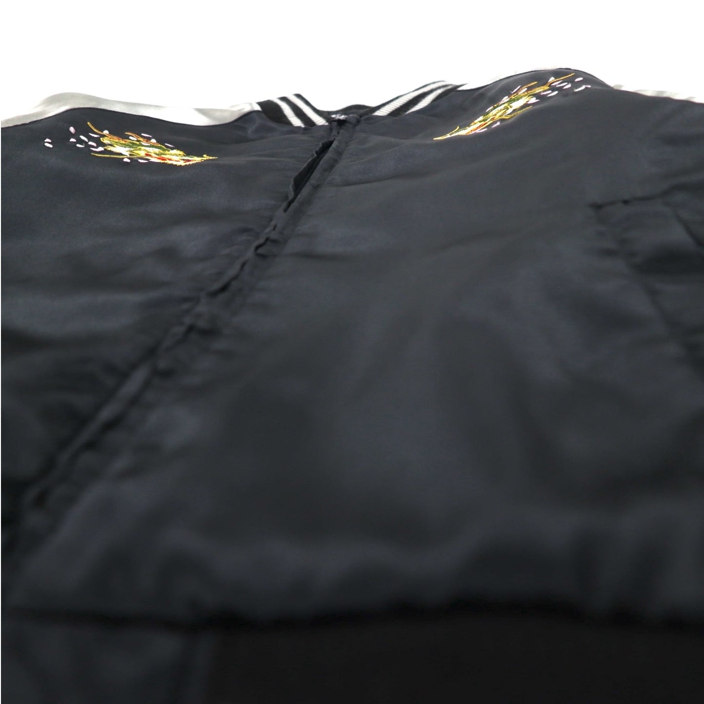 鏡花水月 サテン スカジャン M ブラック キルティングライナー 龍 桜 刺繍