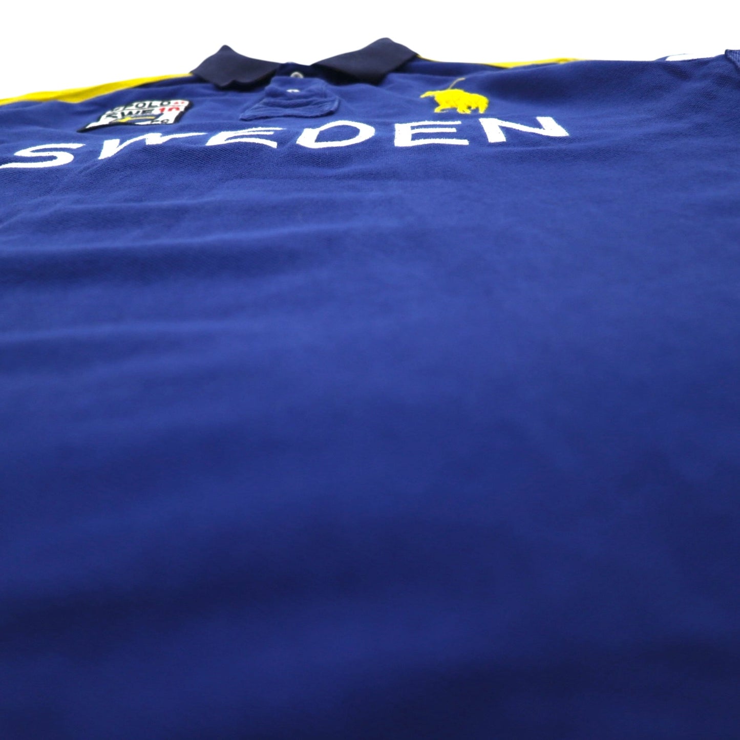 Polo by Ralph Lauren 90s SWEDEN Big Pony Embroidered Polo Shirt L Blue Cotton Pique Numbering CUSTOM FIT