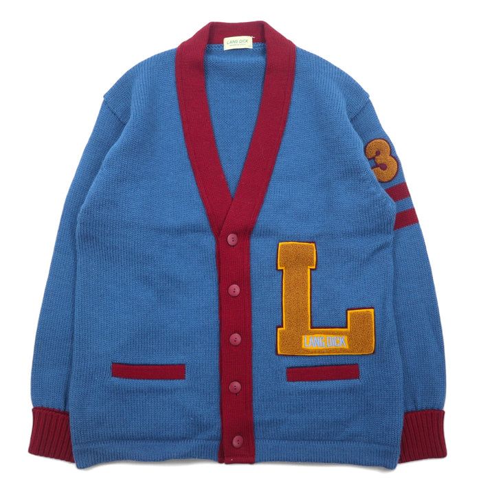 90s LANG DICK Lettered Cardigan L Navy Wool Patch Made in Japan