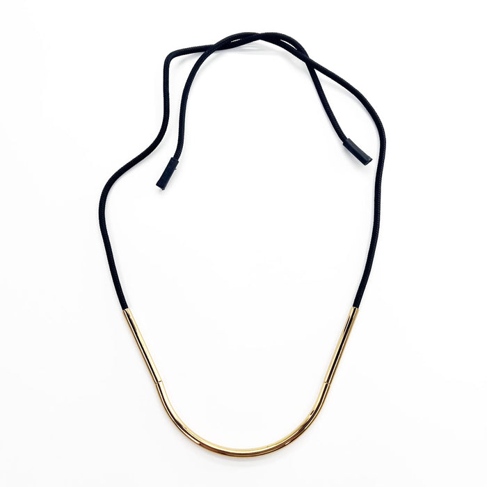 MARNI Gold Tone Metal Tube Black Rope Cord Necklace Choker Long Ribbon Adjustable