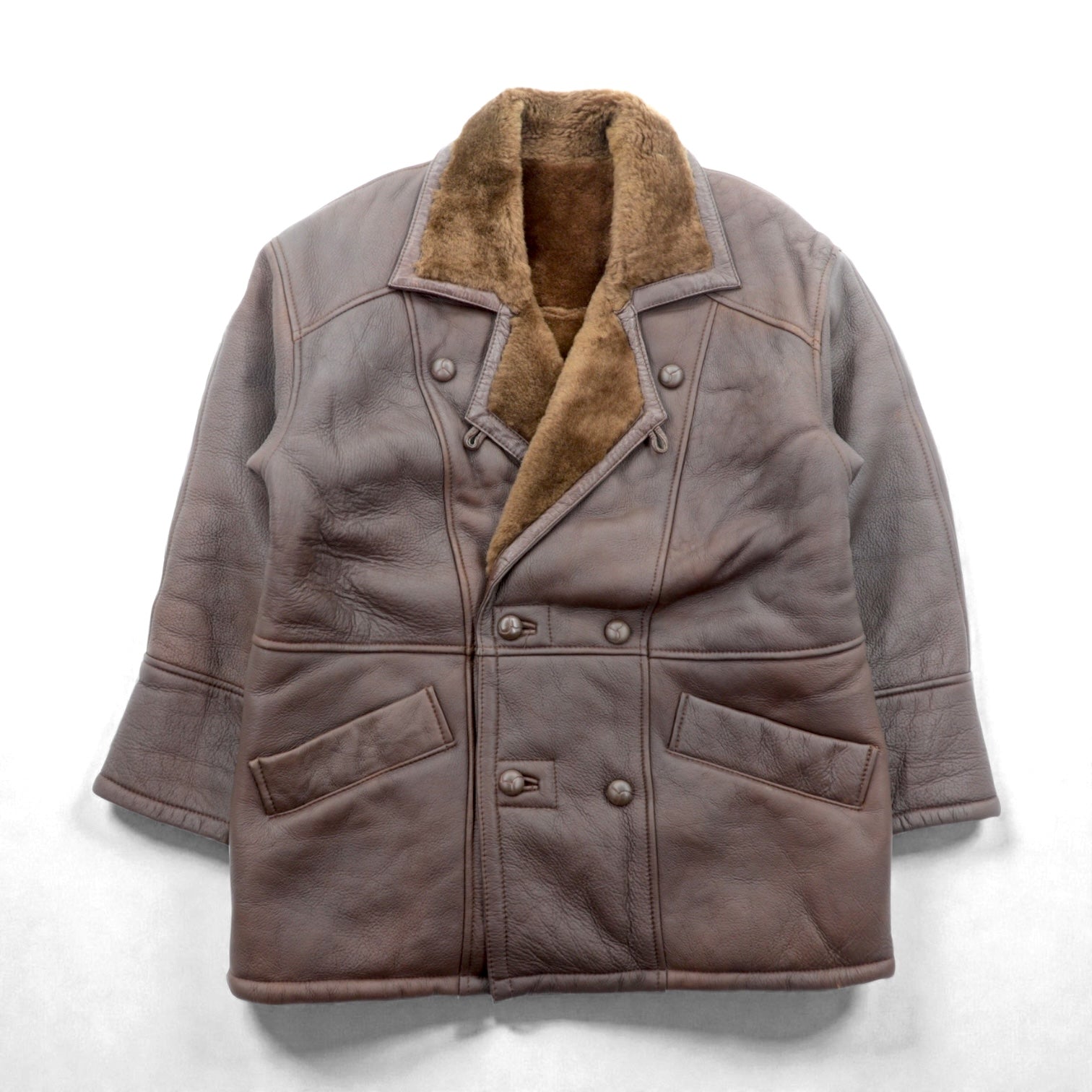 80s Vintage Shearling Coat, Double-Breasted Mouton Coat, Leather 