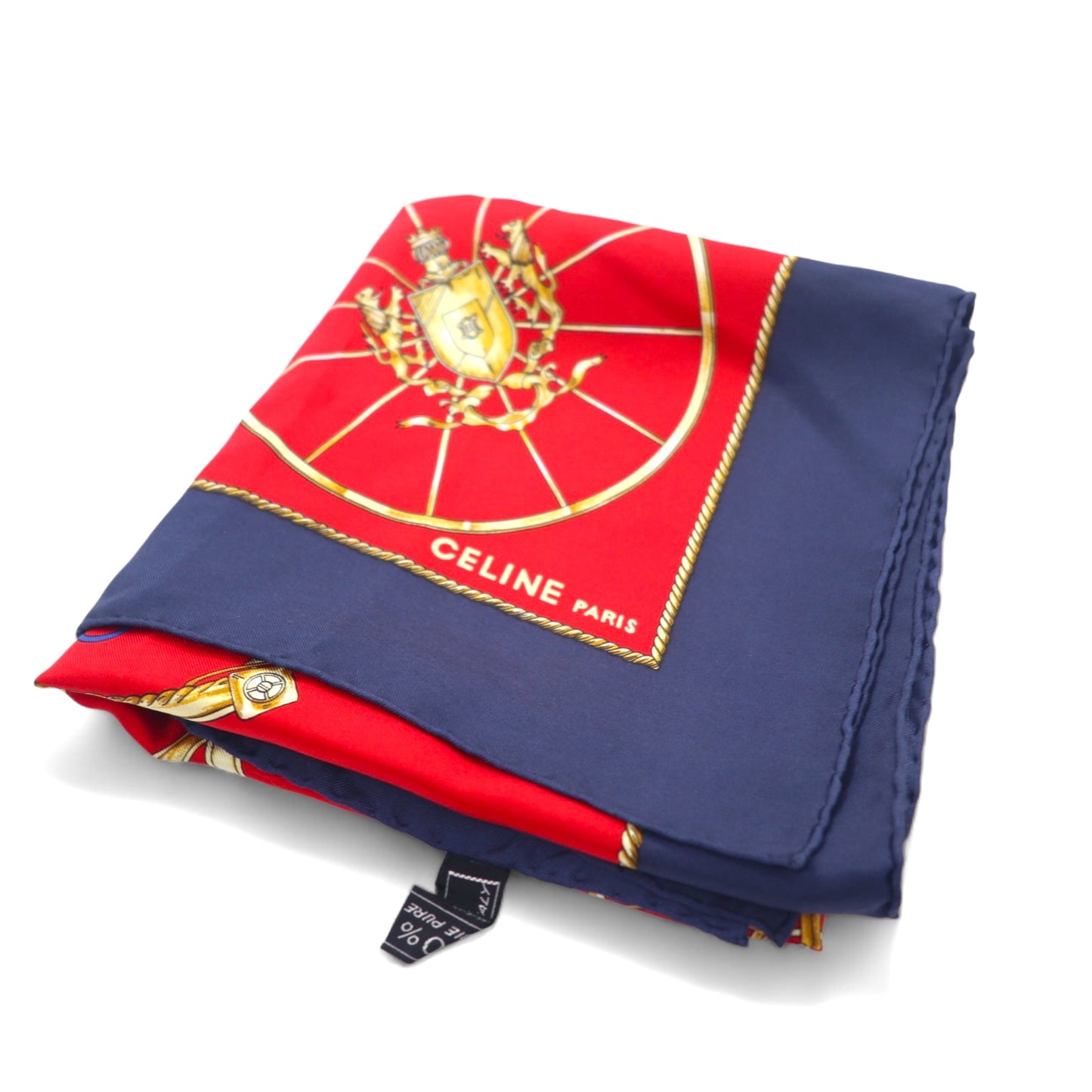 CELINE Made in Italy Large Scarf Red Navy All-over Print Silk Emblem