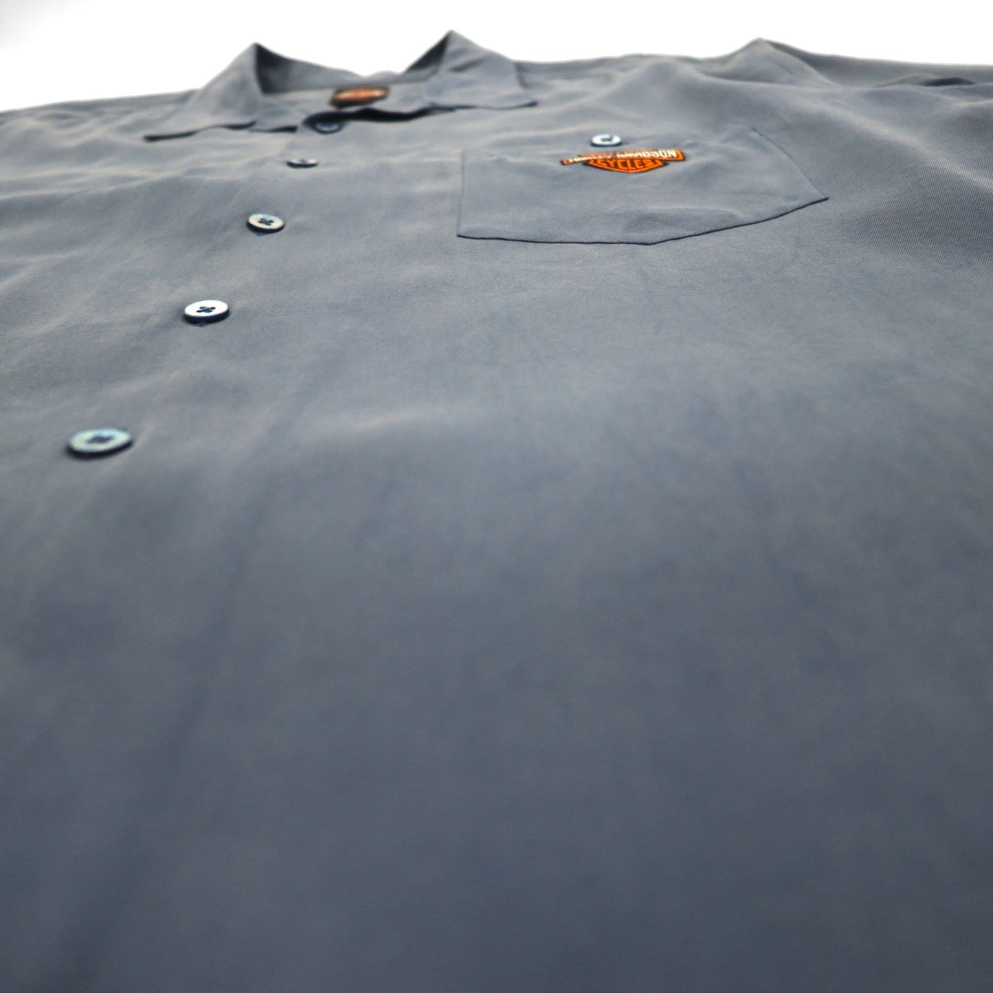 HARLEY DAVIDSON Open-collar Silk Short-sleeve Aloha Shirt XL Navy Hawaiian Embroidery