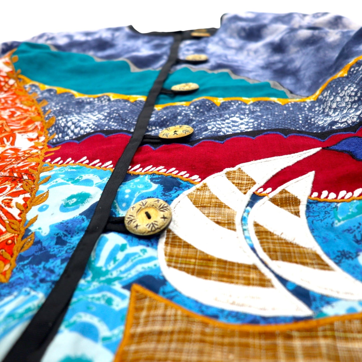 90年代 Julia Kim デザイン刺繍 パッチワーク ジャケット M ブルー 総柄 コットン レーヨン レトロ