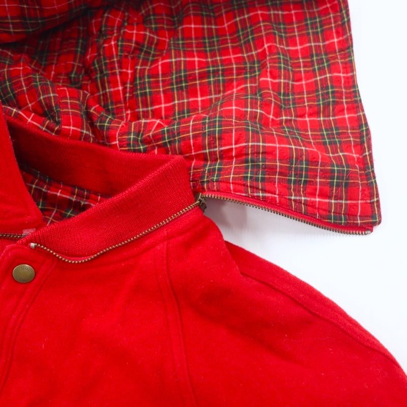 J.PRESS 90s Melton Stadium Jacket, Large, Red, Wool, Detachable Hood, Patch, Check Lining