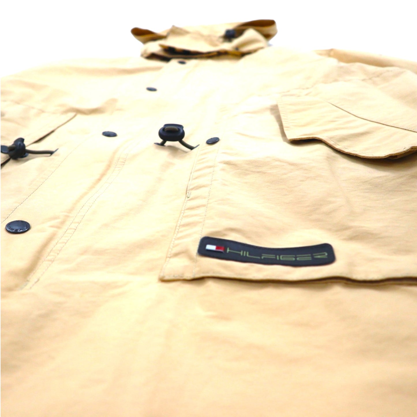 TOMMY HILFIGER 00年代 オーバーコート L ベージュ ナイロン 防水 ダブルジップ ドローコード フード着脱式