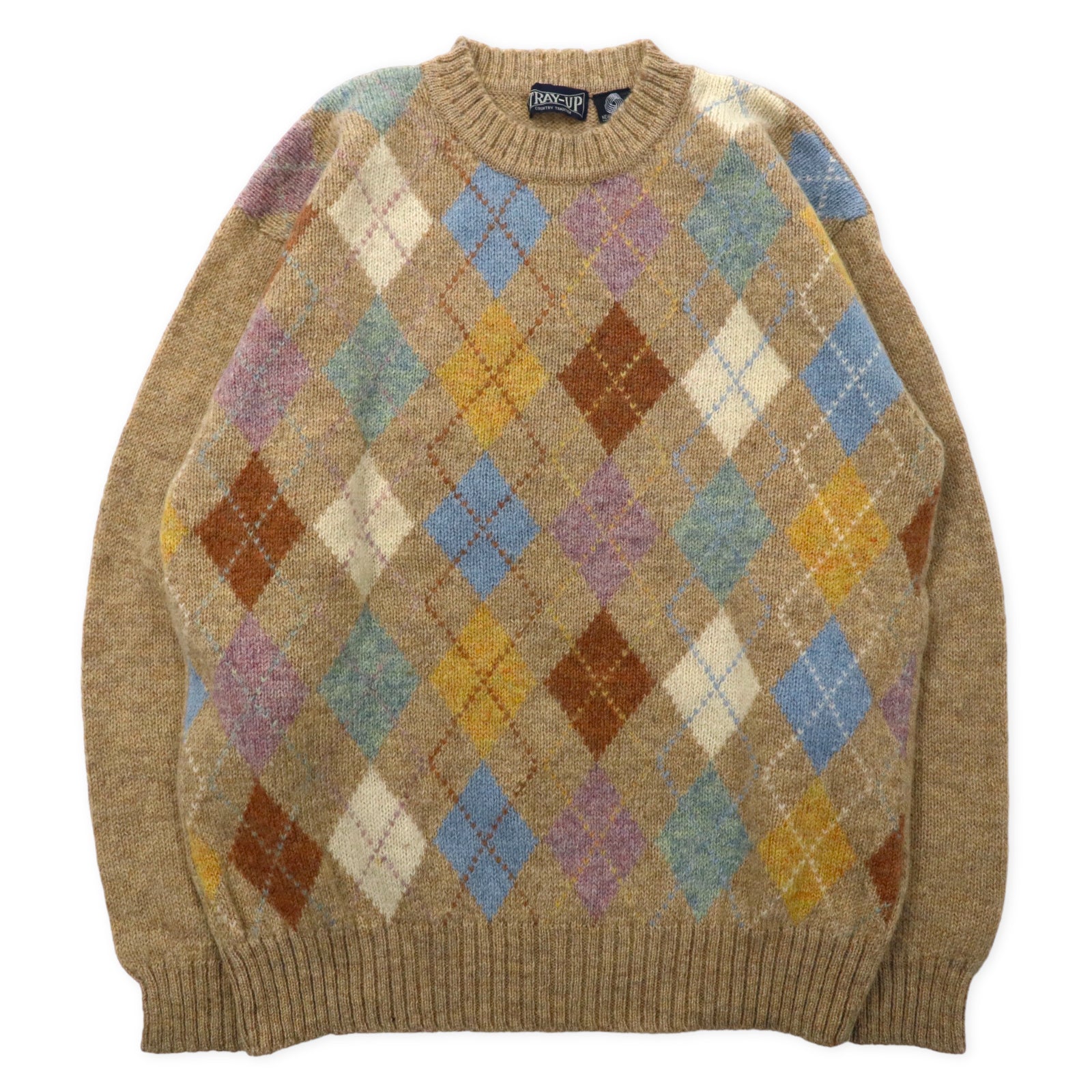 TRAY-UP Argyle Knit Sweater L Beige Wool – 日本然リトテ