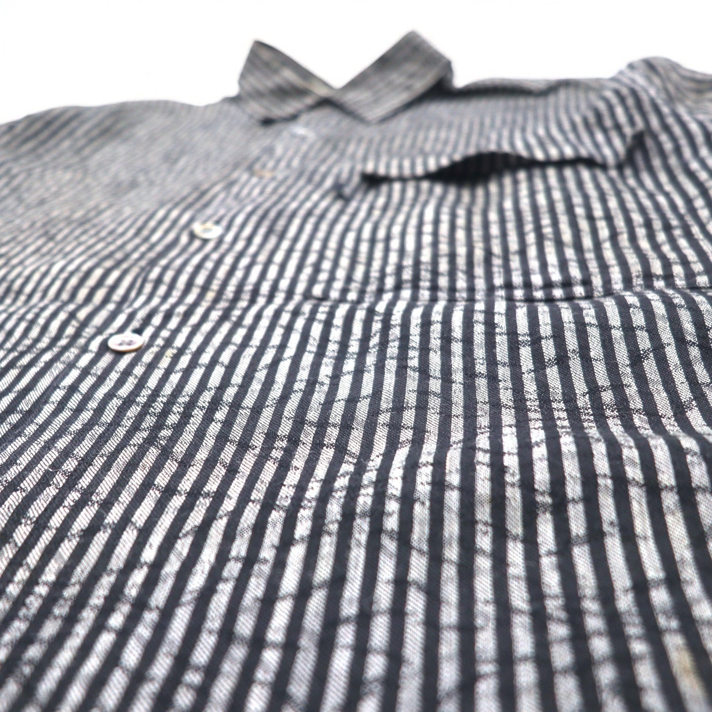BLACK PIA 90s Linen Striped Shirt L Gray Black Flap Pocket Made in Japan