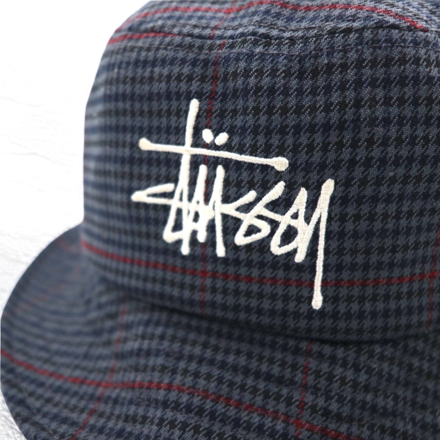 stussy バケットハット L/XL グレー 千鳥格子 チェック ストックロゴ 刺繍 Big Logo Check Bucket Hat