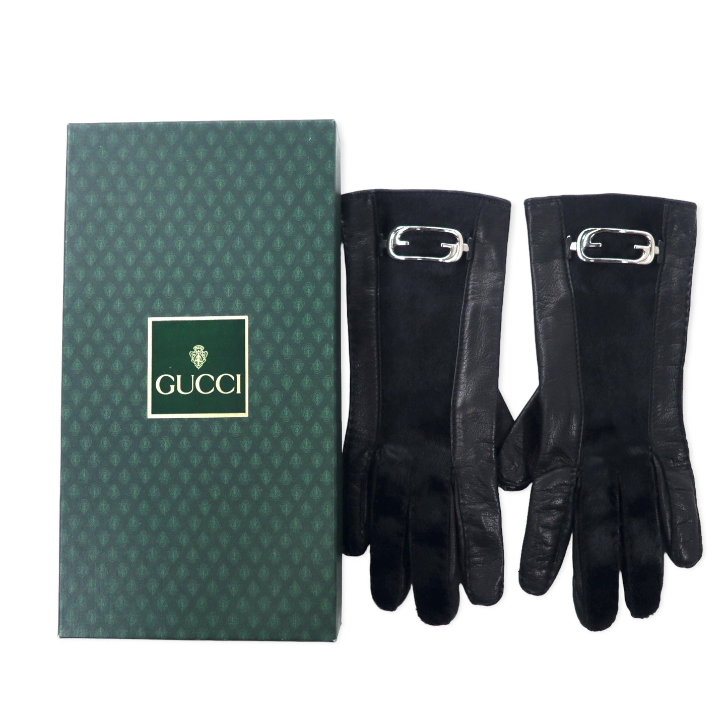 GUCCI Made in Italy Old Gucci Pony Leather Gloves Size 6 Black GG Logo Plate Women's