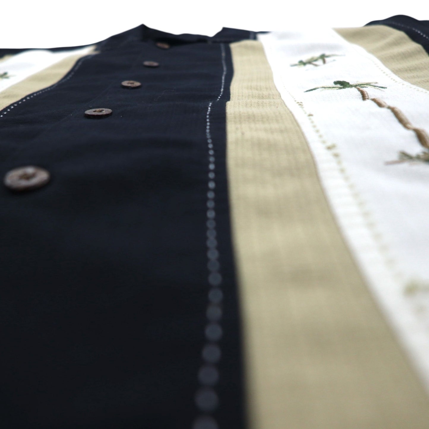 HAVANA JACK'S CAFE オープンカラー 開襟 キューバシャツ L ブラック レーヨン ポリエステル 刺子 刺繍 ヤシの木