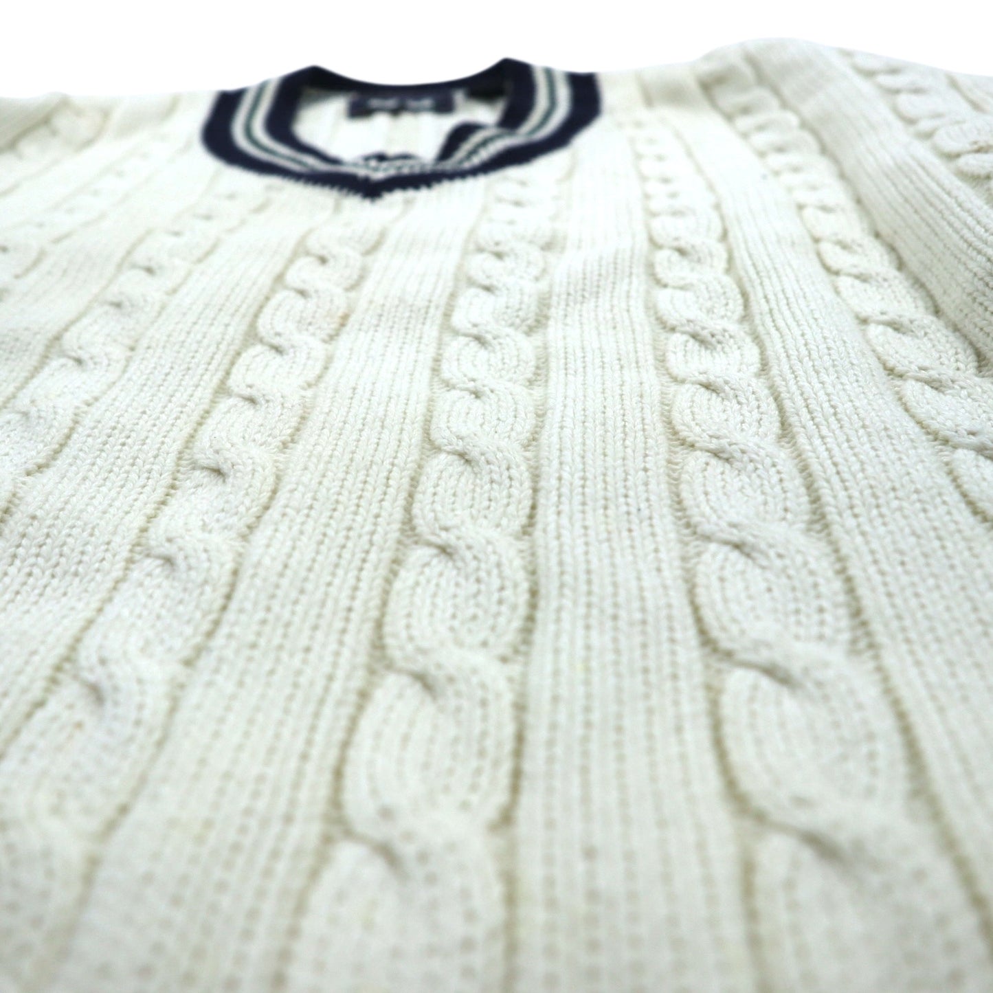 90s Vintage V-neck Knit Sweater, White, Cable Knit, Size L, WOODS&GRAY