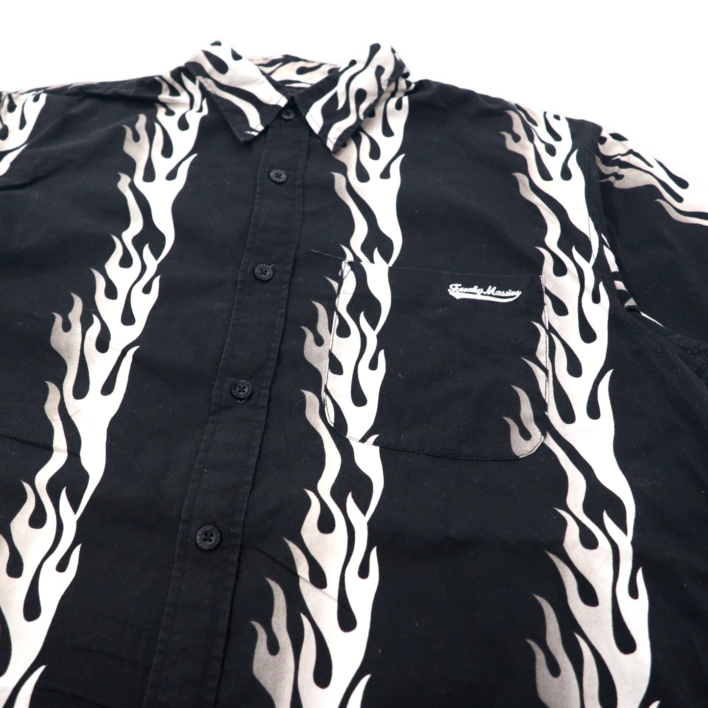 FREAKY 90's Fire Pattern Short Sleeve Shirt Aloha Shirt L Black Cotton All Over Pattern