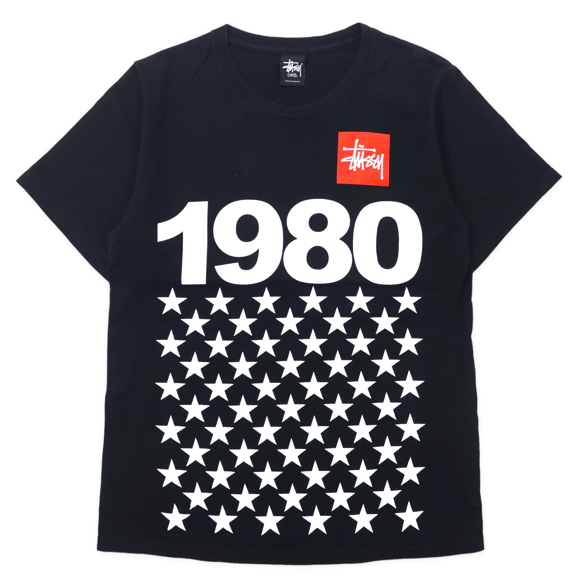 Stussy Box Logo Print T-Shirt S Black Cotton 1980 Star Pattern 