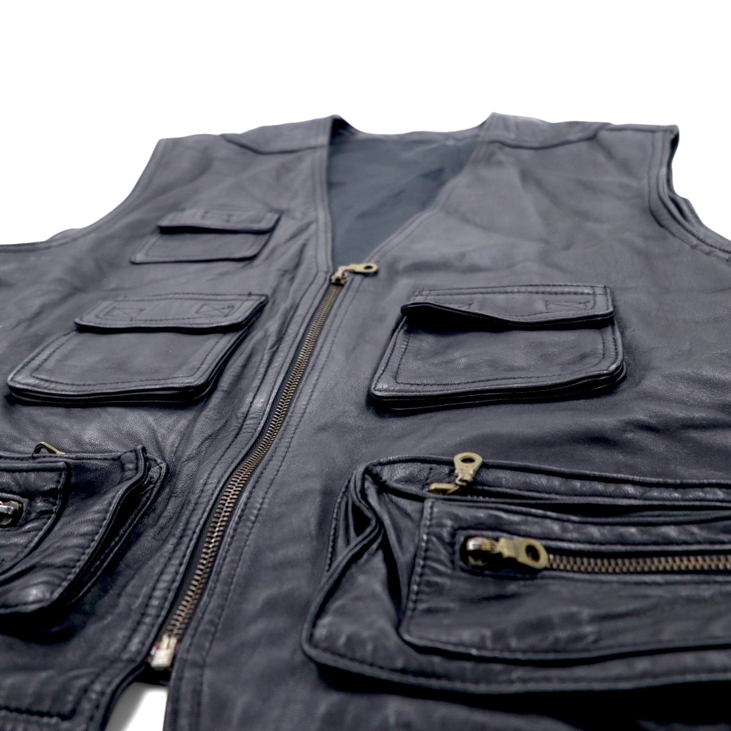 Vintage Leather Hunting Vest ユーティリティ レザー ハンティングベスト L ブラック ジップアップ