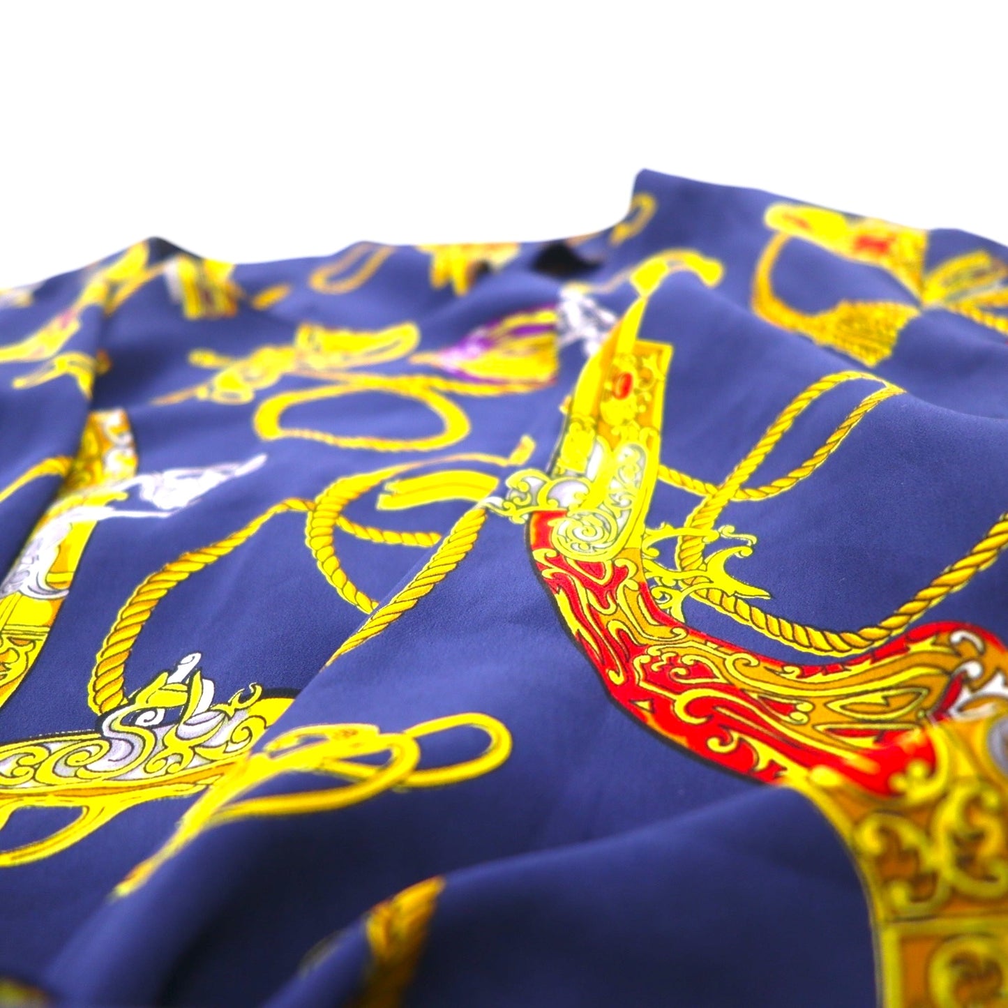 Vintage 90s Retro Blouse Front-tied cropped shirt Retro blouse M Navy Back button Gold button Scarf All-over pattern Ribbon-tied hem