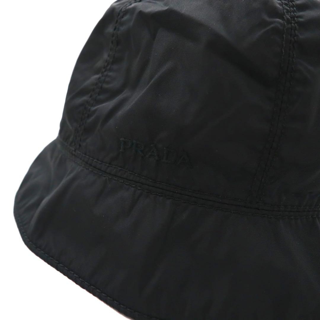 PRADA Bucket Hat S Black Nylon Logo Embroidery Leather Belt Made in Italy