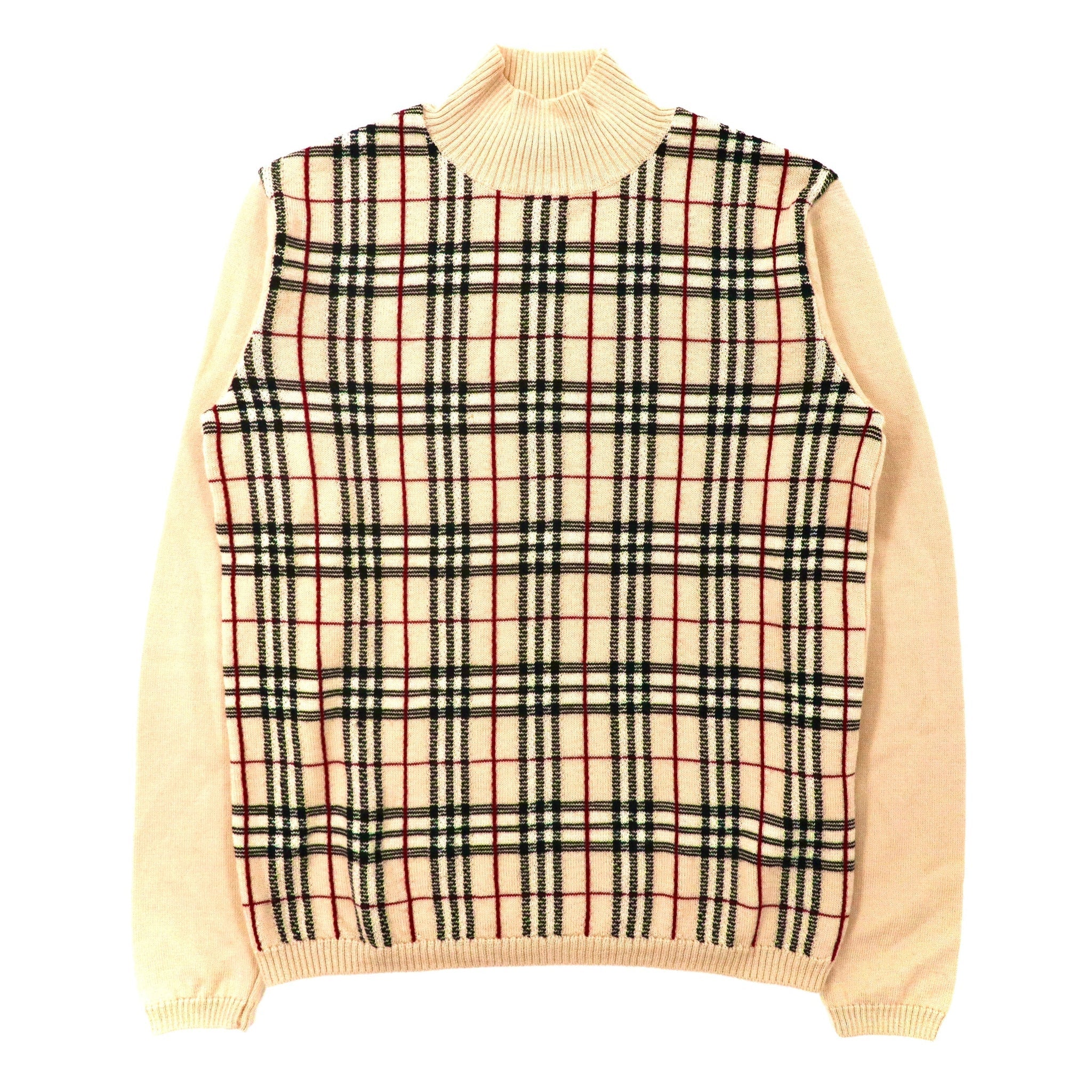 BURBERRY High Neck Knit Sweater M Beige CHECKED Wool Cashmere