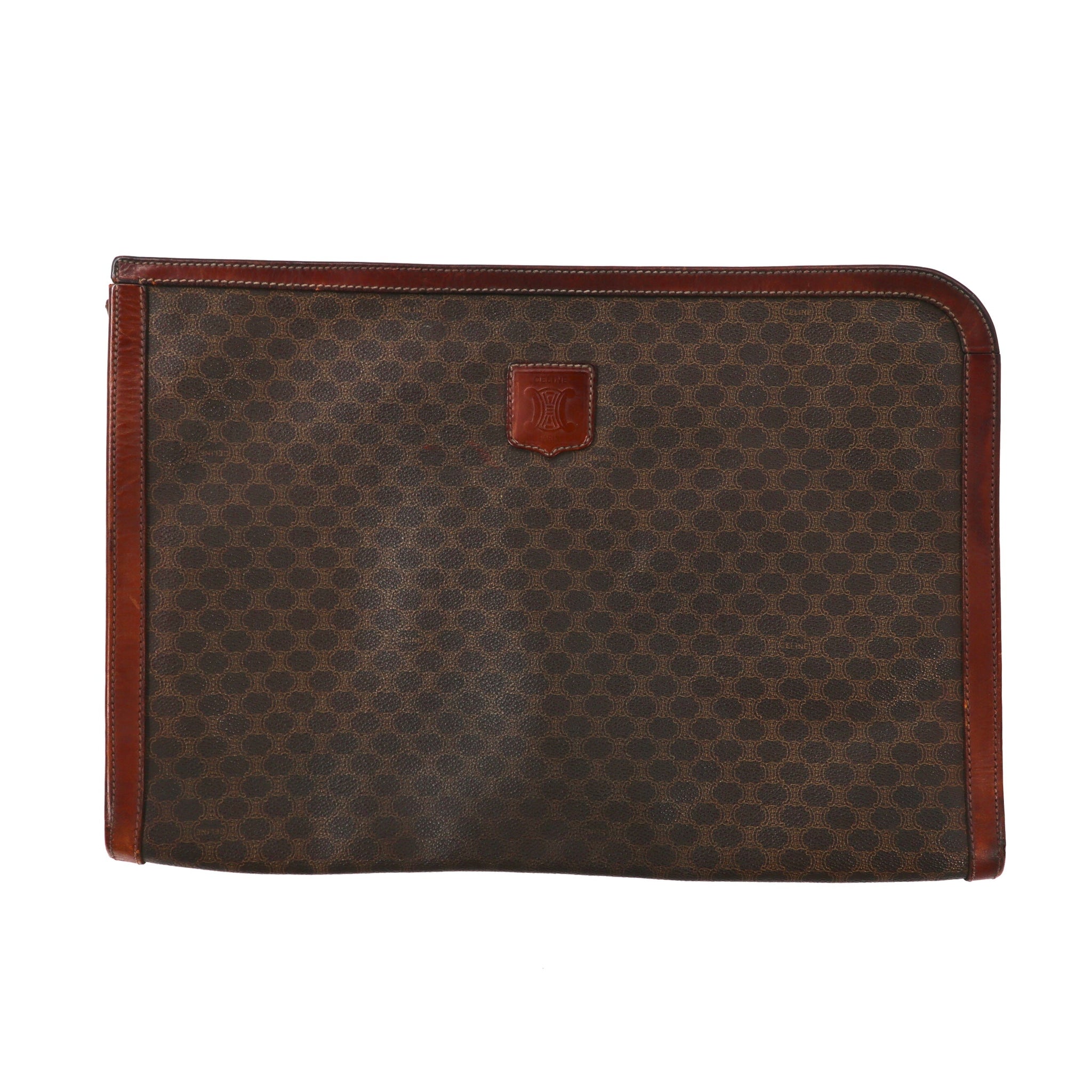 CELINE Clutch Bag Pouch Brown Leather Macadam Pattern M Made in