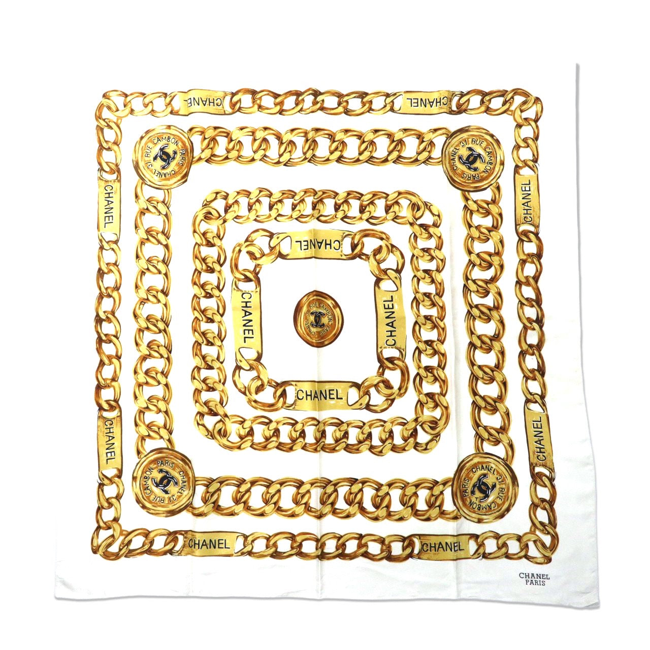 △CHANEL Scarf White Polyester Patterned Coco Mark Chain Jewelry 