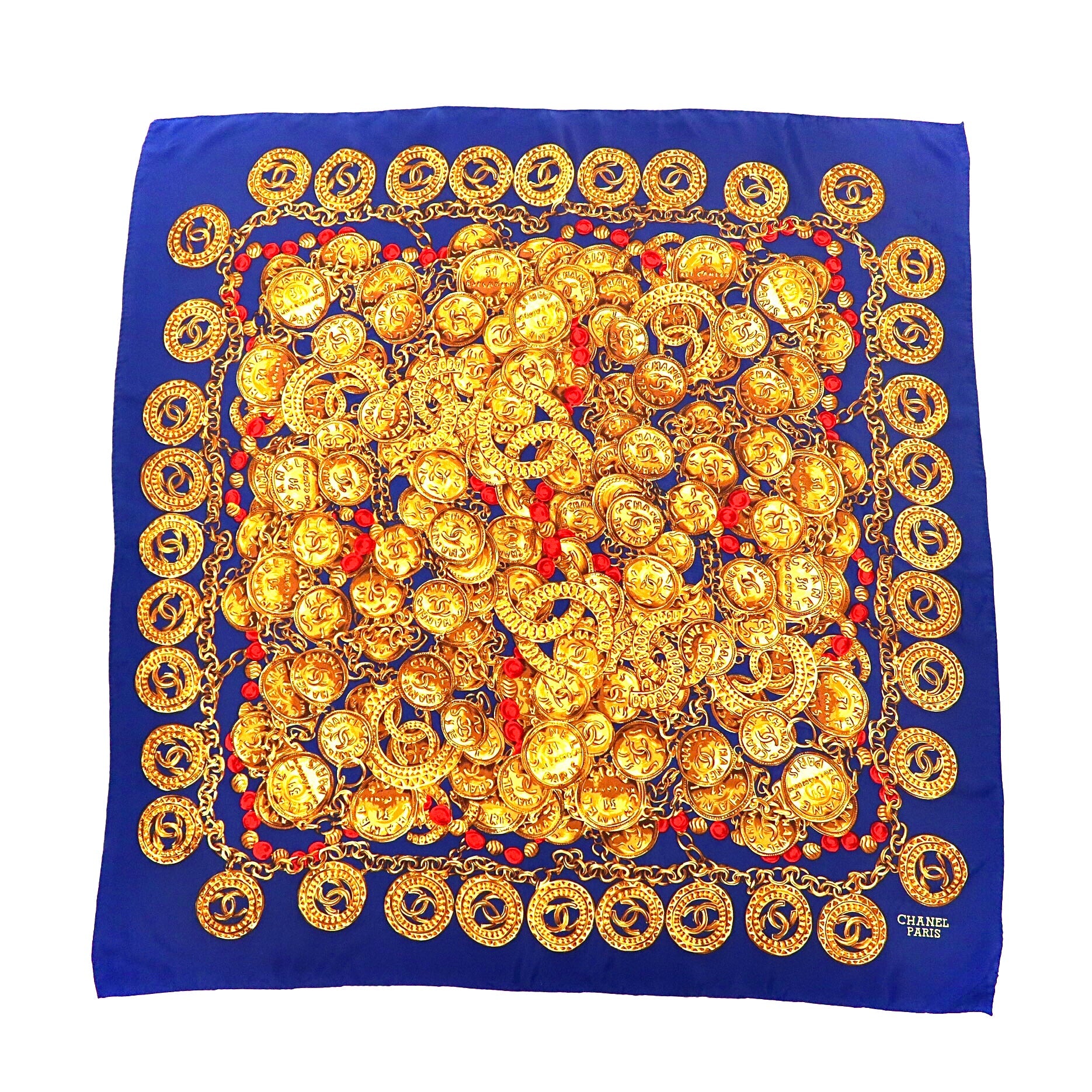 △ CHANEL Scarf Navy Gold Silk Patterned Coco Mark Chain Jewelry