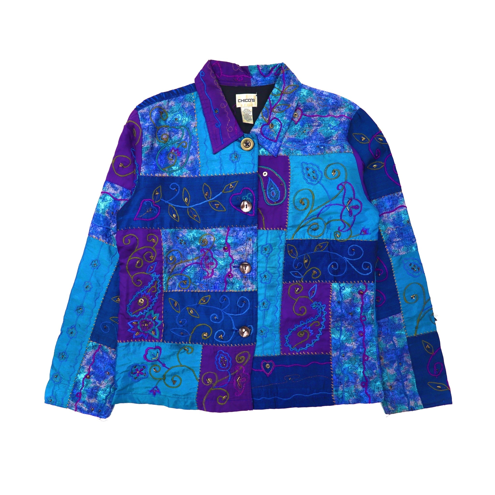 CHICO'S 総柄ジャケット 1 ブルー シルク 刺繍 パッチワーク – 日本 