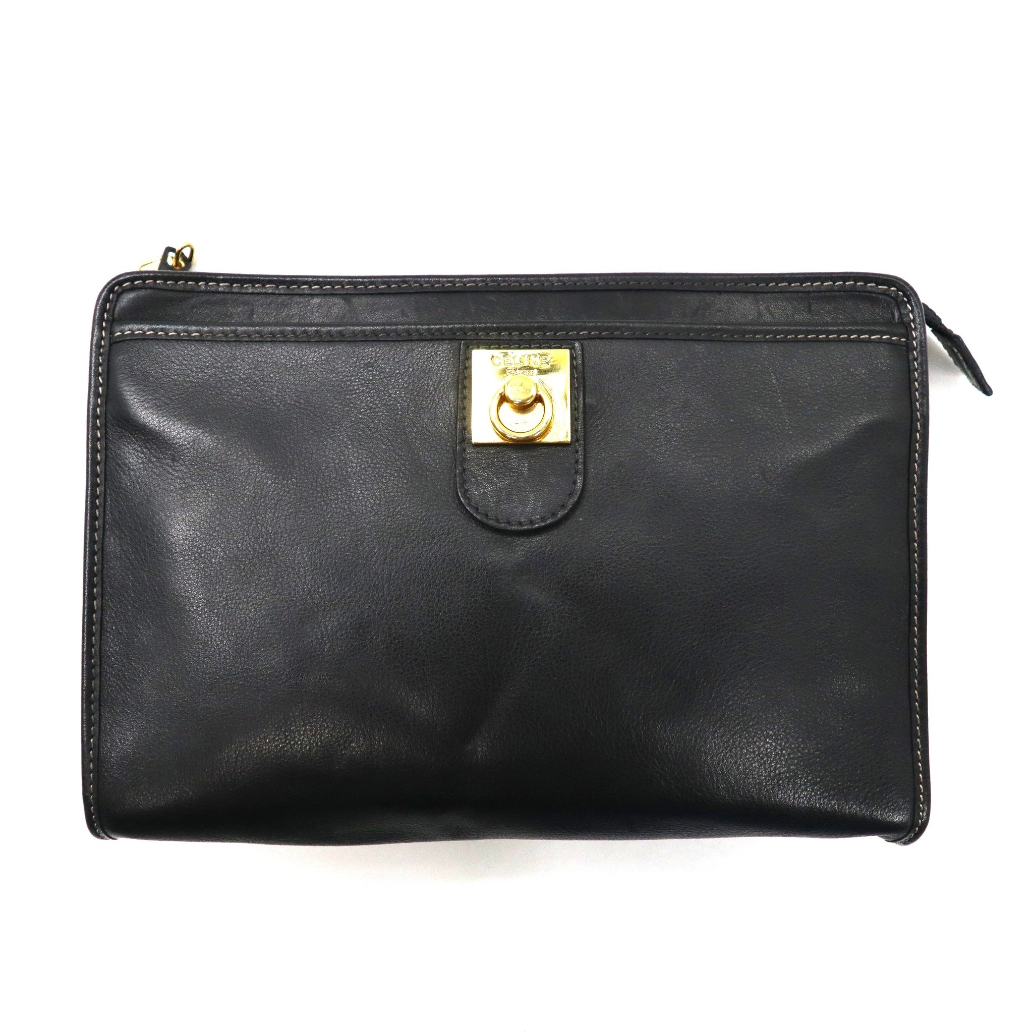 CELINE Clutch Bag Black Leather Bracket Vintage M08 Italian Made