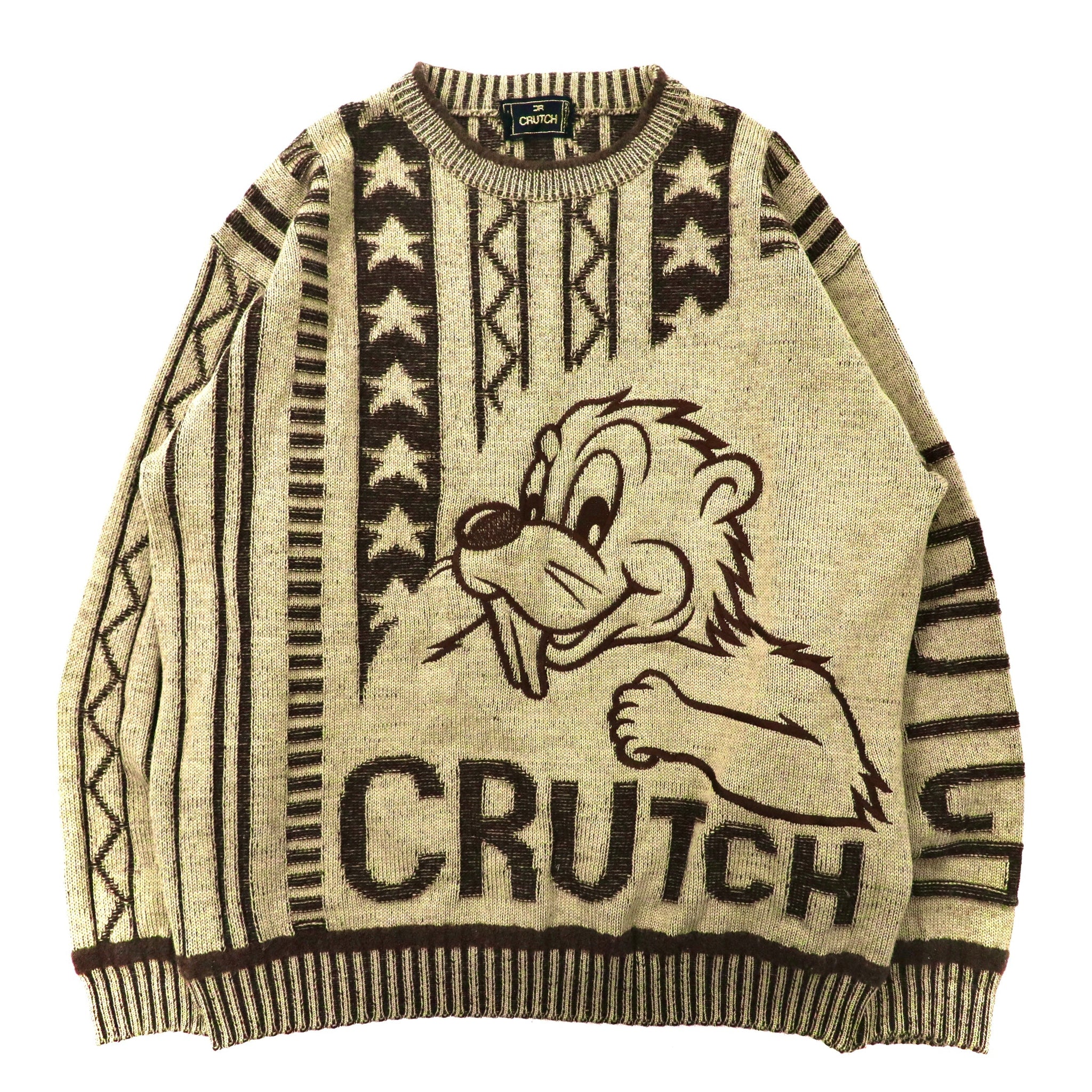 CRUTCH (GALFY) Character Knit Sweater L Brown Acrylic Patterned