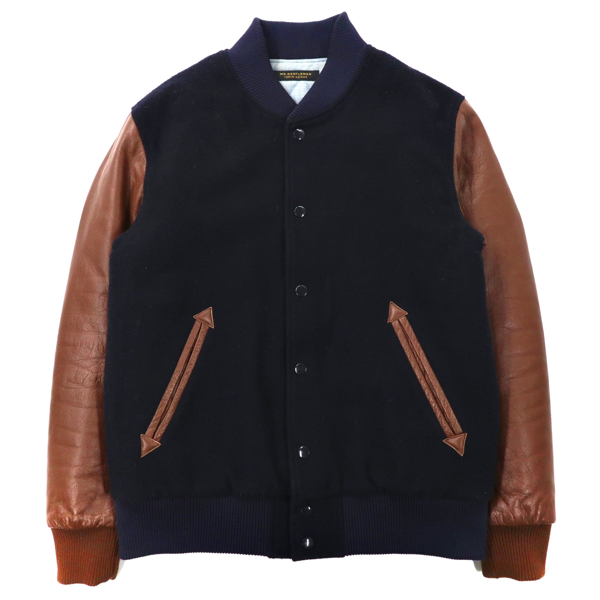 Mr. GENTLEMAN Leather Sleeve VARSITY JACKET L Navy Brown Wool Lamb