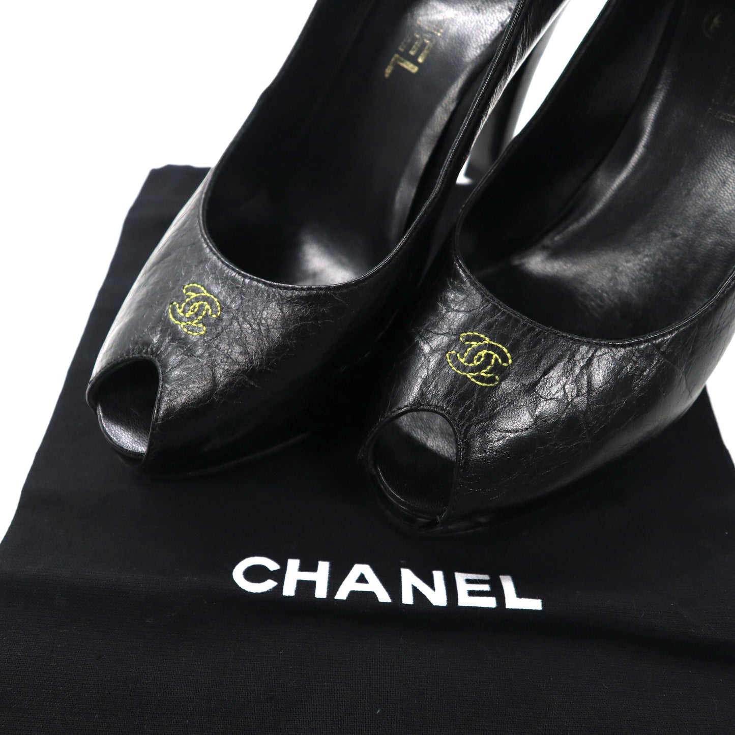 CHANEL Open Toe High Heel Pumps 23.5cm Black Leather Coco Mark Logo Embroidery Made in Italy
