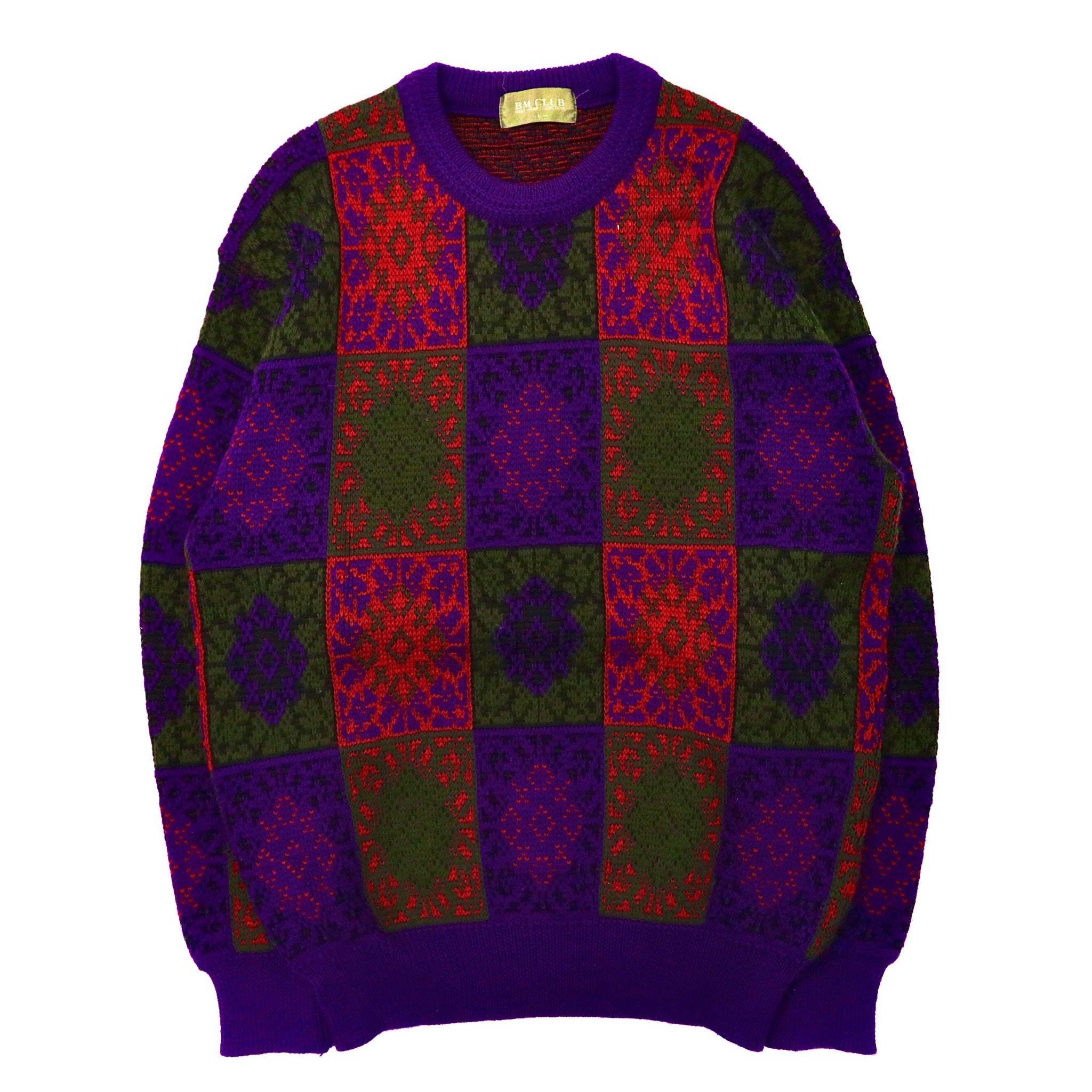 BM Club Patterned Knit Sweater L Purple Wool 90s Japan MADE 