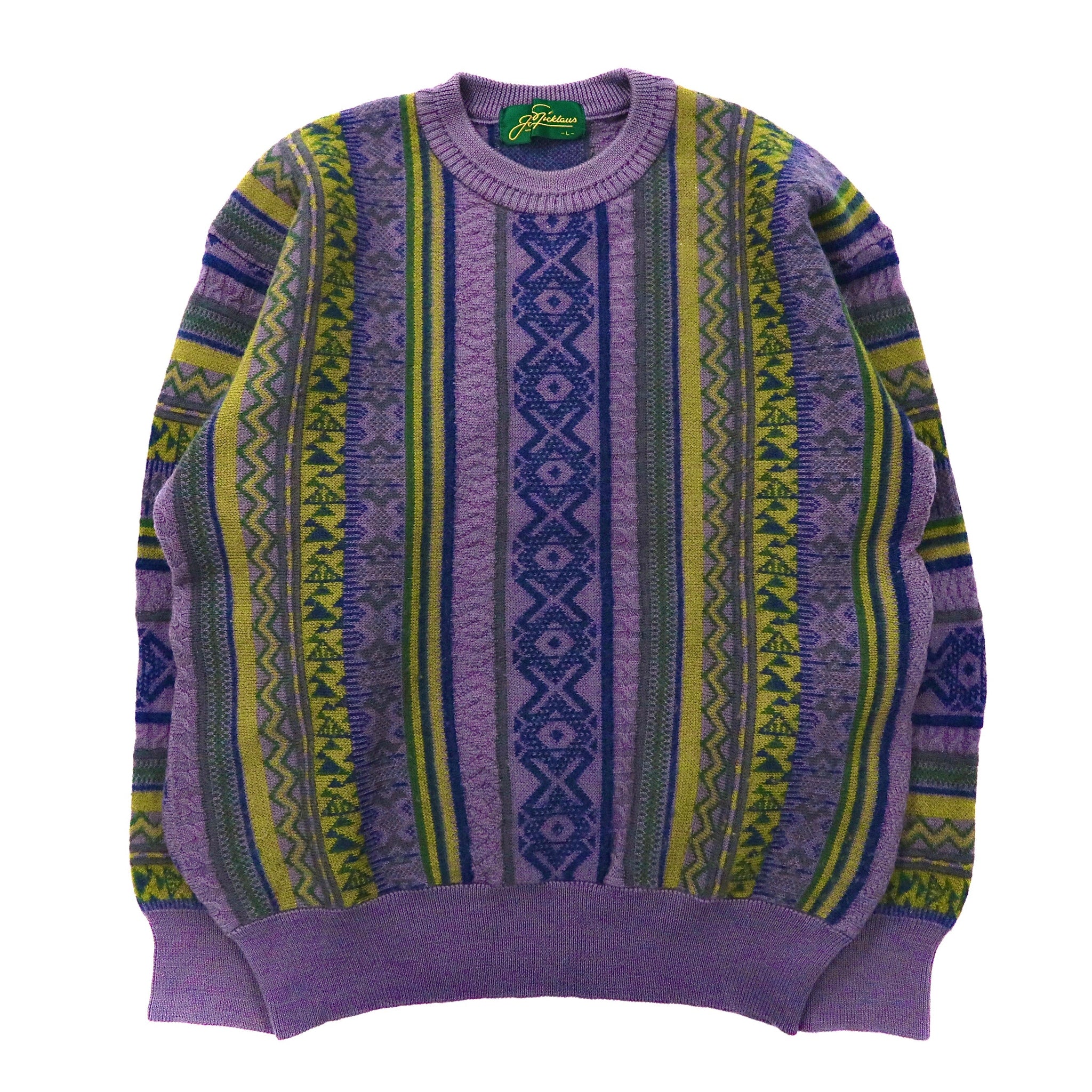 【90sオールド】ビンテージ　総柄　デザインウールニットセーター　パープル　国産カラーパープル紫色